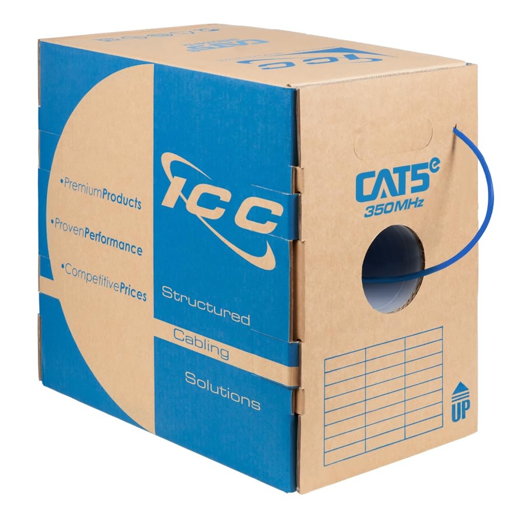 ICC Cat5e CMR Riser 1000ft - UTP 24AWG, 100% Solid Pure CAT5e (350Mhz), Blue