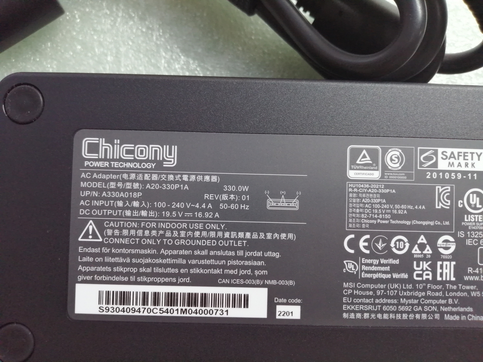 New Original Chicony MSI A20-330P1A A330A018P GP76 19.5V 16.92A 330W AC Adapter