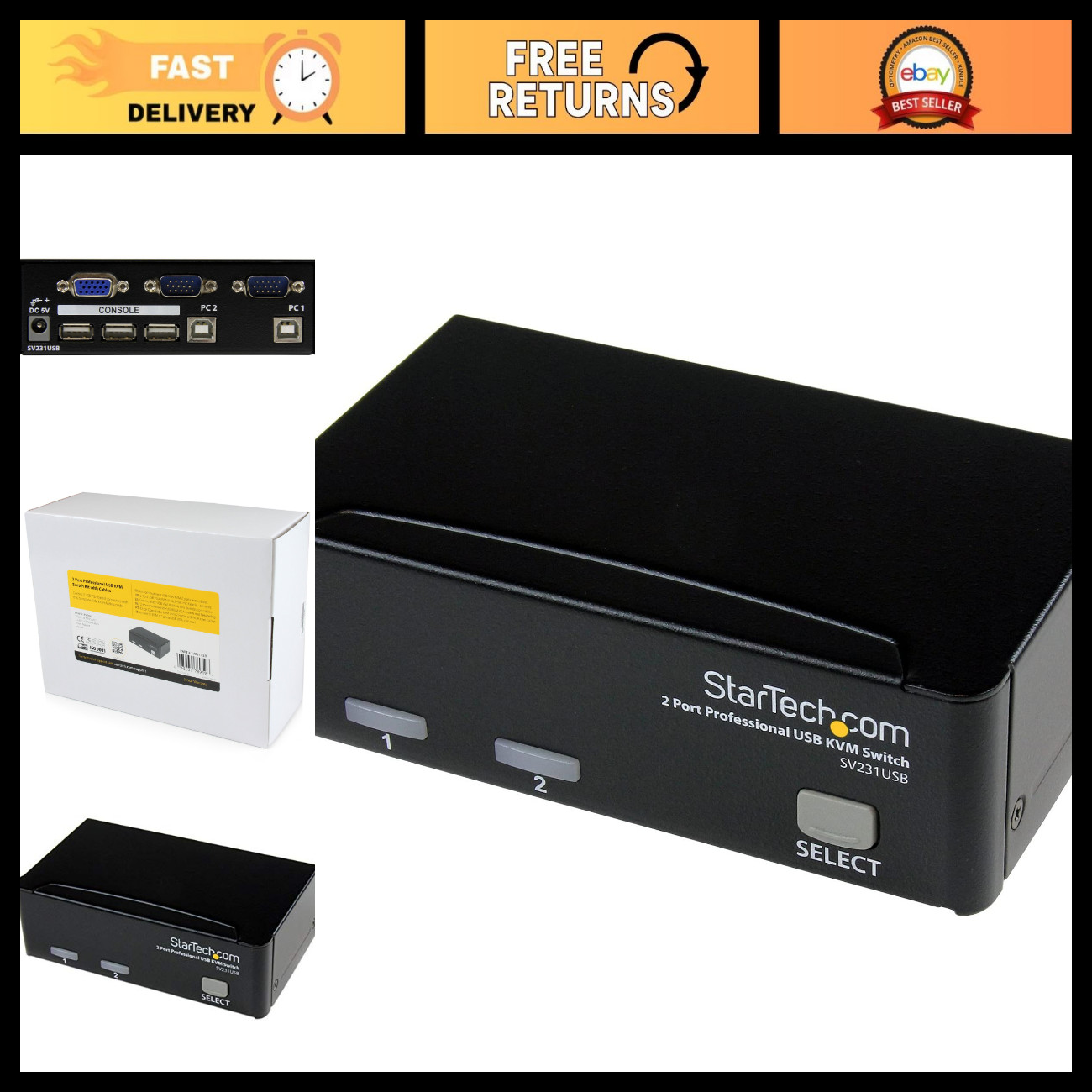 2-Port USB VGA KVM Switch, 1920x1440 Resolution, USB 2.0 Hub, TAA Compliant
