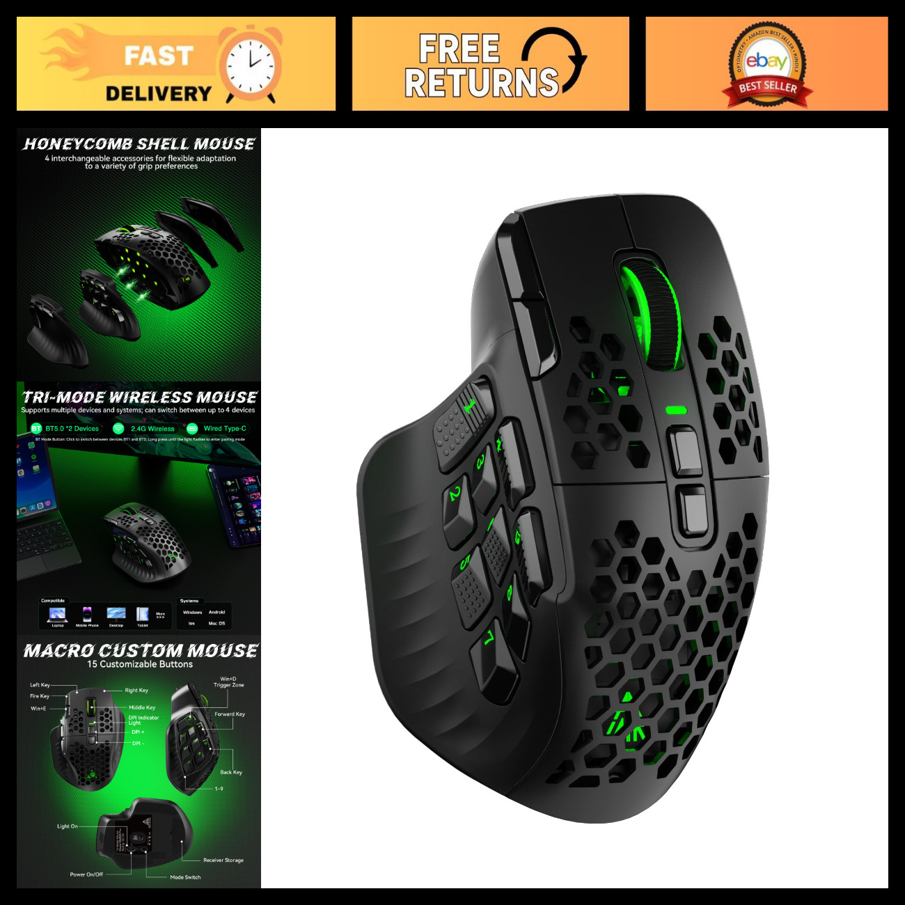 Pro Tri-Mode MMO Gaming Mouse - 16 Custom Buttons, 24000 DPI, RGB Lighting