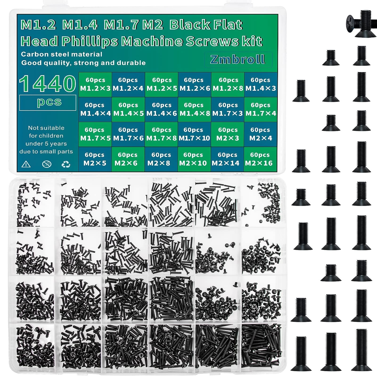 1440 Pcs Black Laptop Notebook Computer Screws M1.2 M1.4 M1.7 M2 Flat Head Ph...