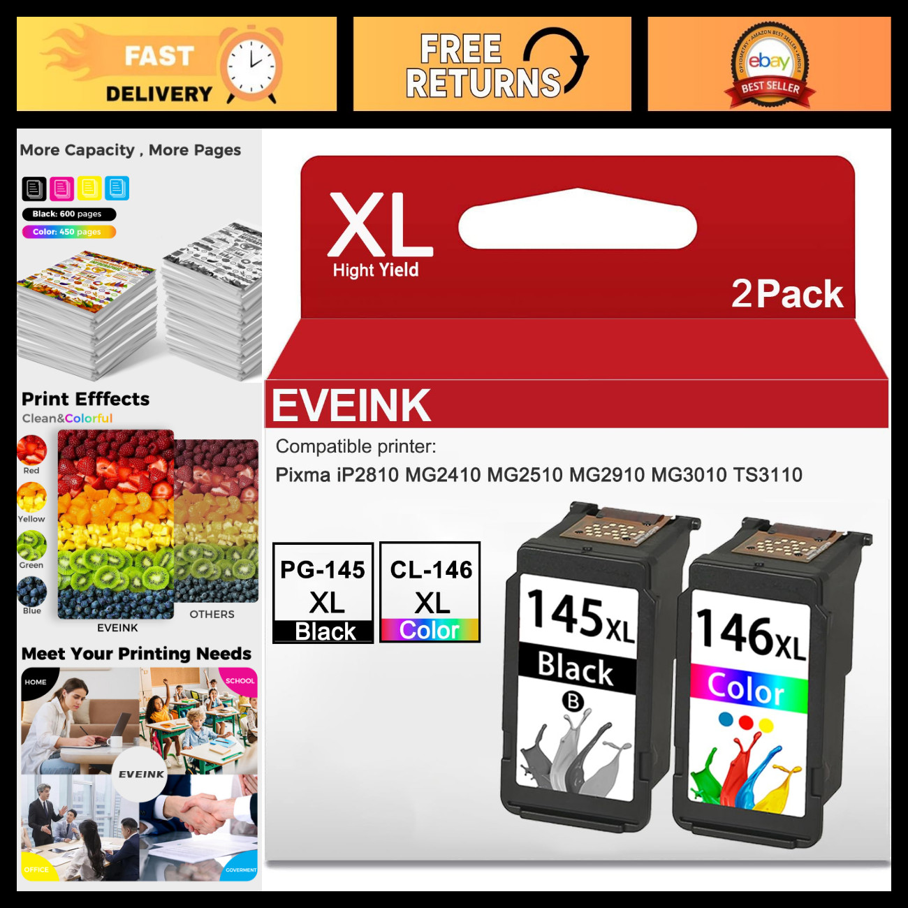 High Yield Ink Cartridges 145XL 146XL Replacement for Canon Pixma MG2510 TS3110