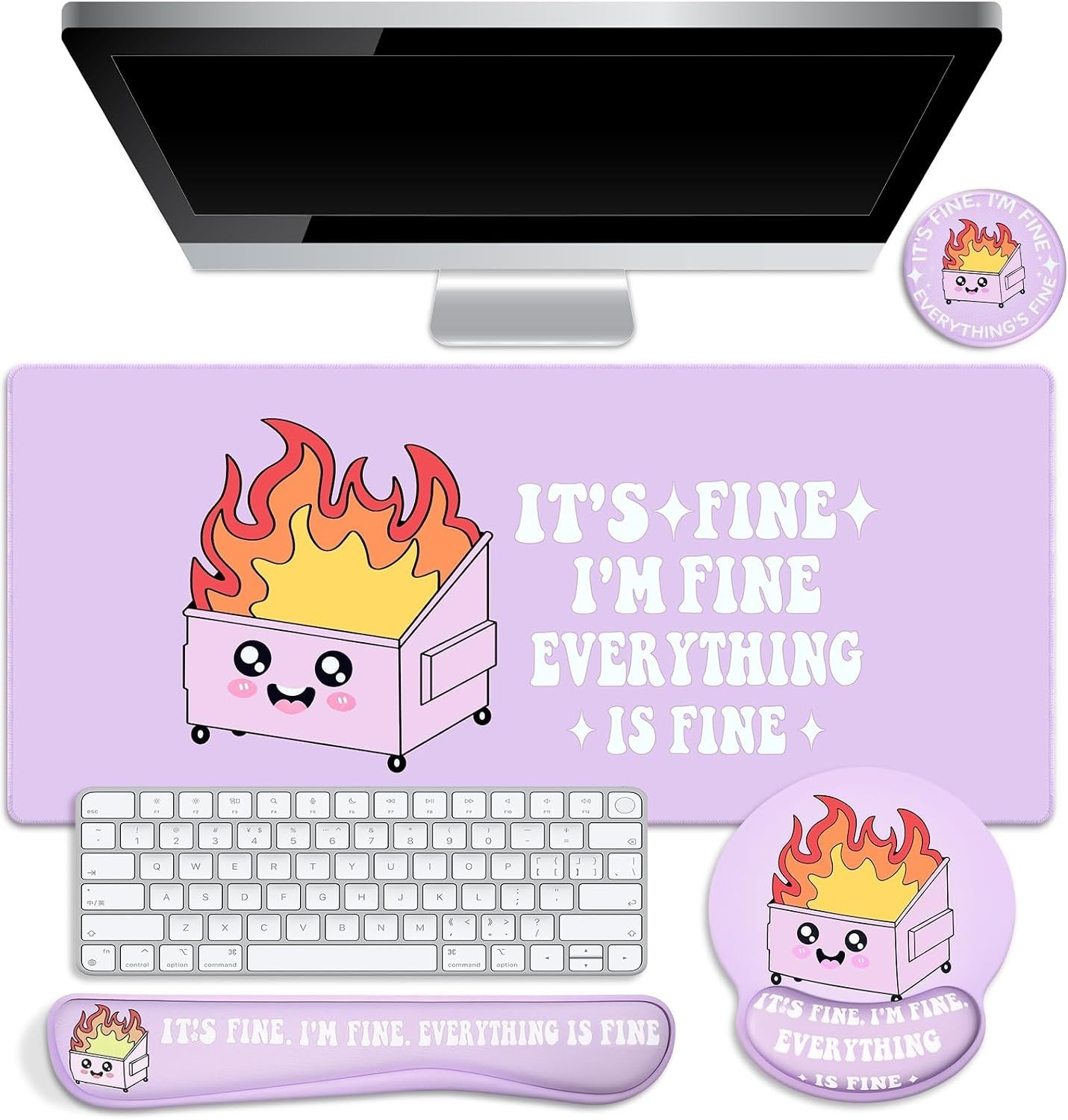 Kingdder 4 Pcs Dumpster Mouse Pad Kit Mouse Wrist Rest, Purple Funny Cute Fire 