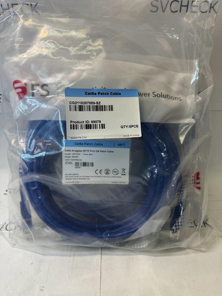 Lot of 5 FS 69078 Cat6a Snagless SFTP PVC CM Patch Cable 16ft (5m) 26 AWG Blue
