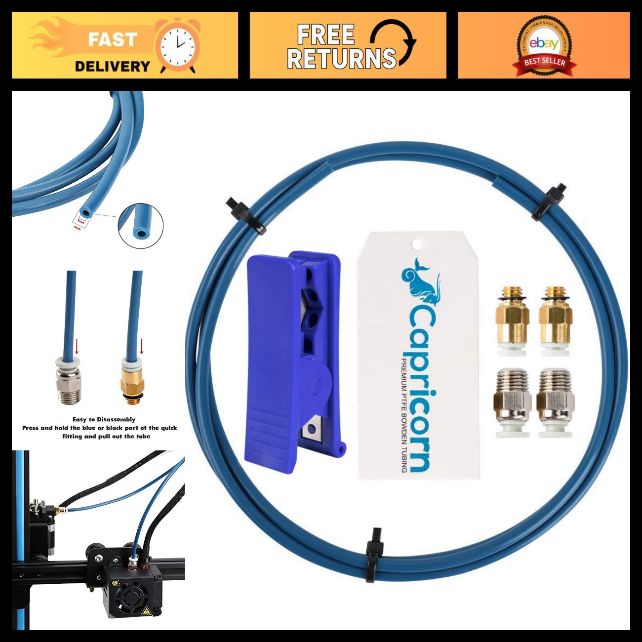 1M PTFE Bowden Tubing 1.75mm Filament + 2 PC4-M6 & 2 PC4-M10 Fittings & Cutter f
