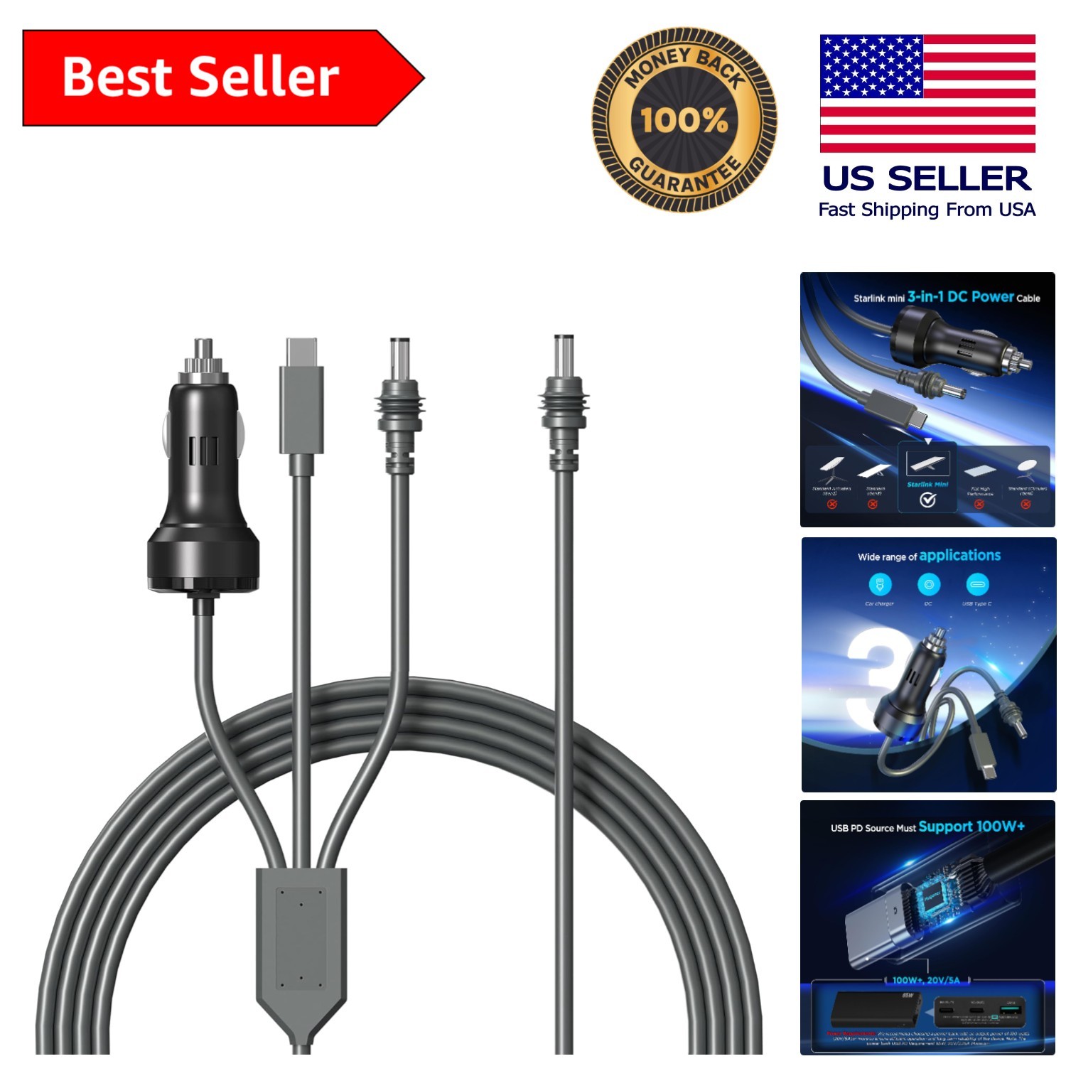16.4FT Starlink Mini Cable - Versatile USB C, Car Charger & Waterproof Accessory