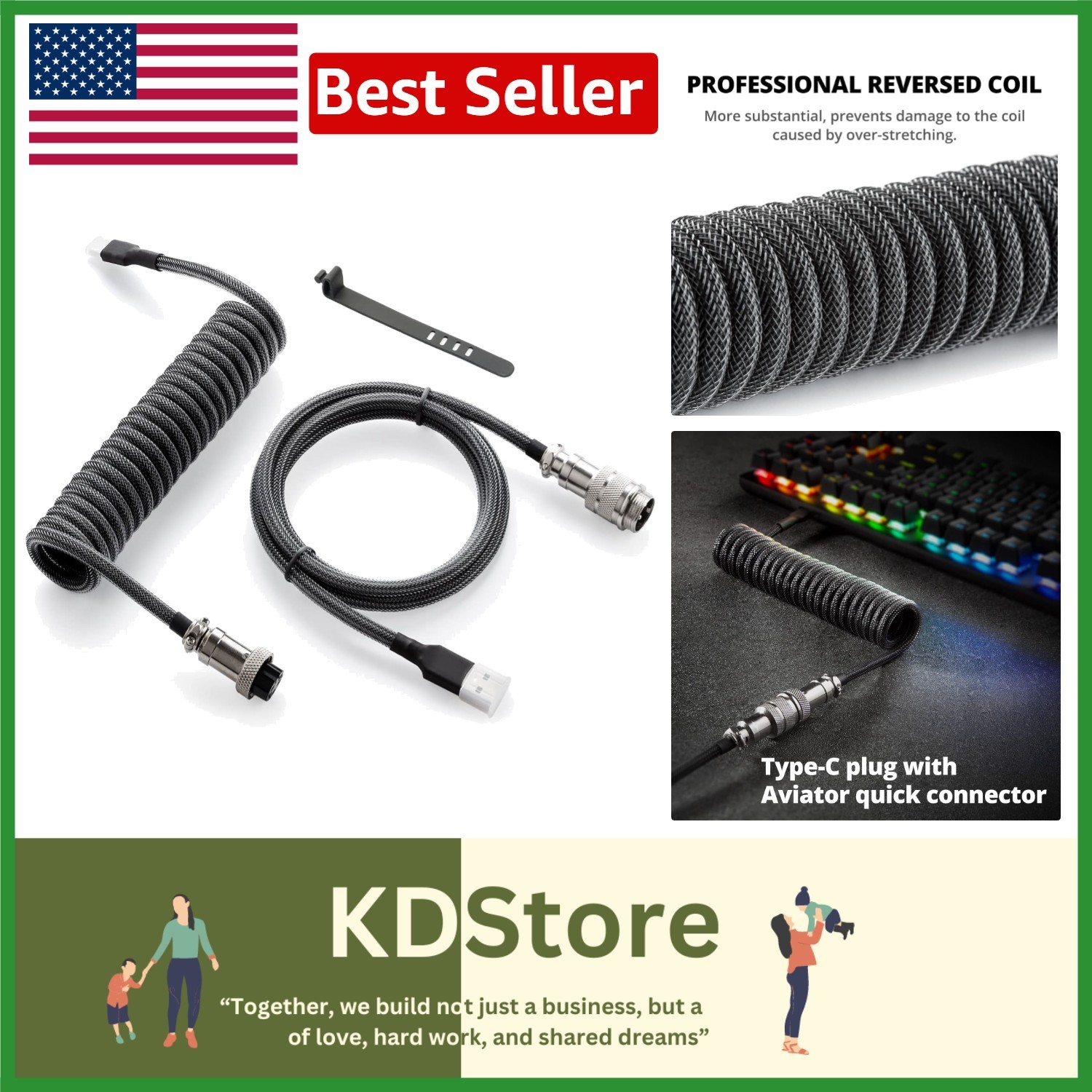 Coiled USB C to USB-A Gaming Keyboard Cable 1.5M Double-Sleeved Durable Black