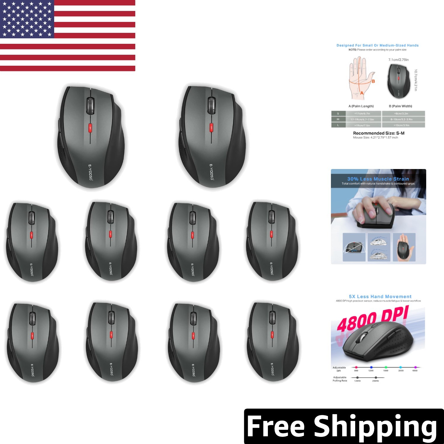 Ergonomic Wireless Mouse with Long Battery Life & USB Receiver for All Devices