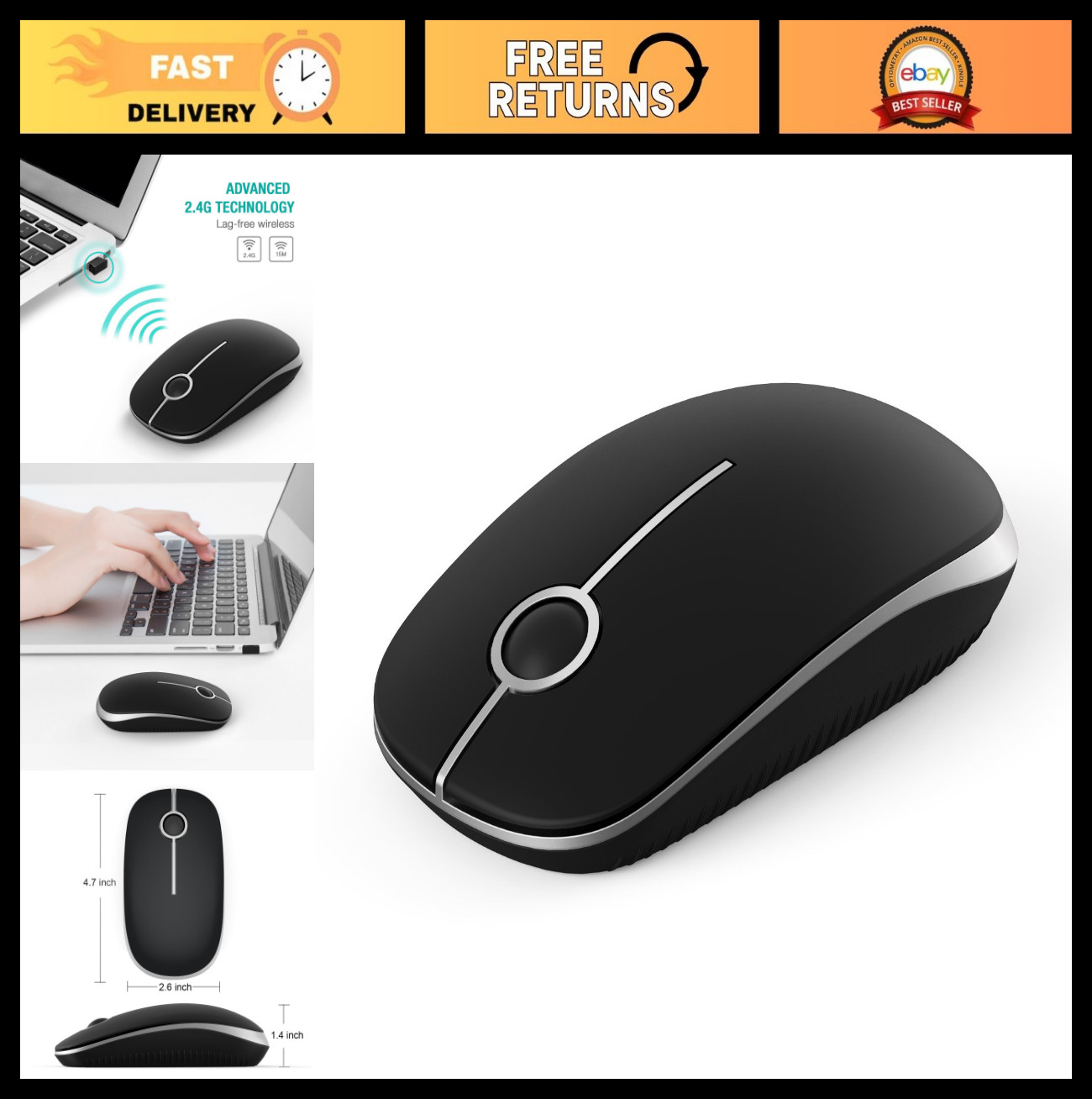 Slim Wireless Mouse 2.4G for Laptop & PC - Ergonomic Design, Black & Silver
