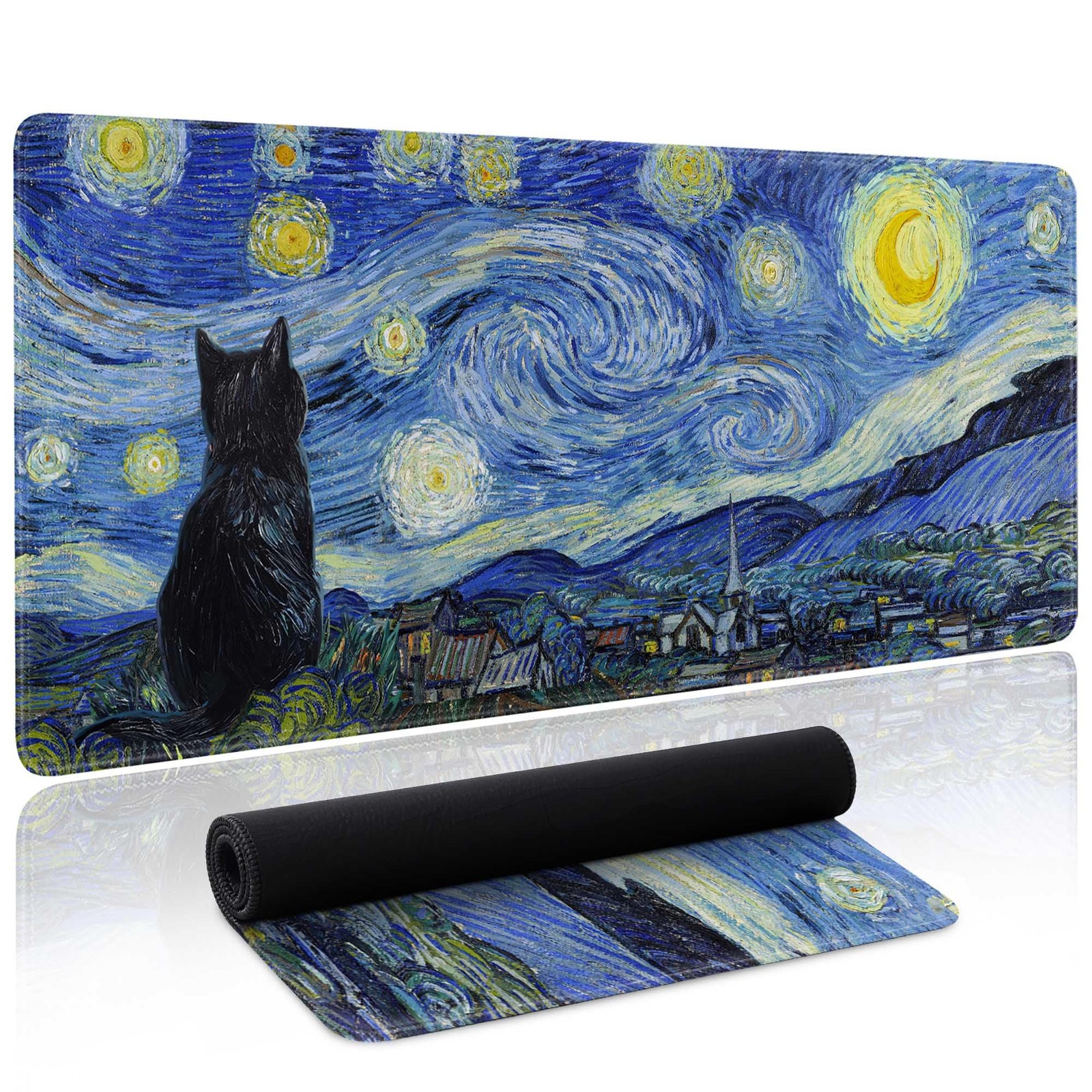 Starry Night Cat Gaming Mouse Pad Large Desk Mat Extended Keyboard Mouse Pad ...