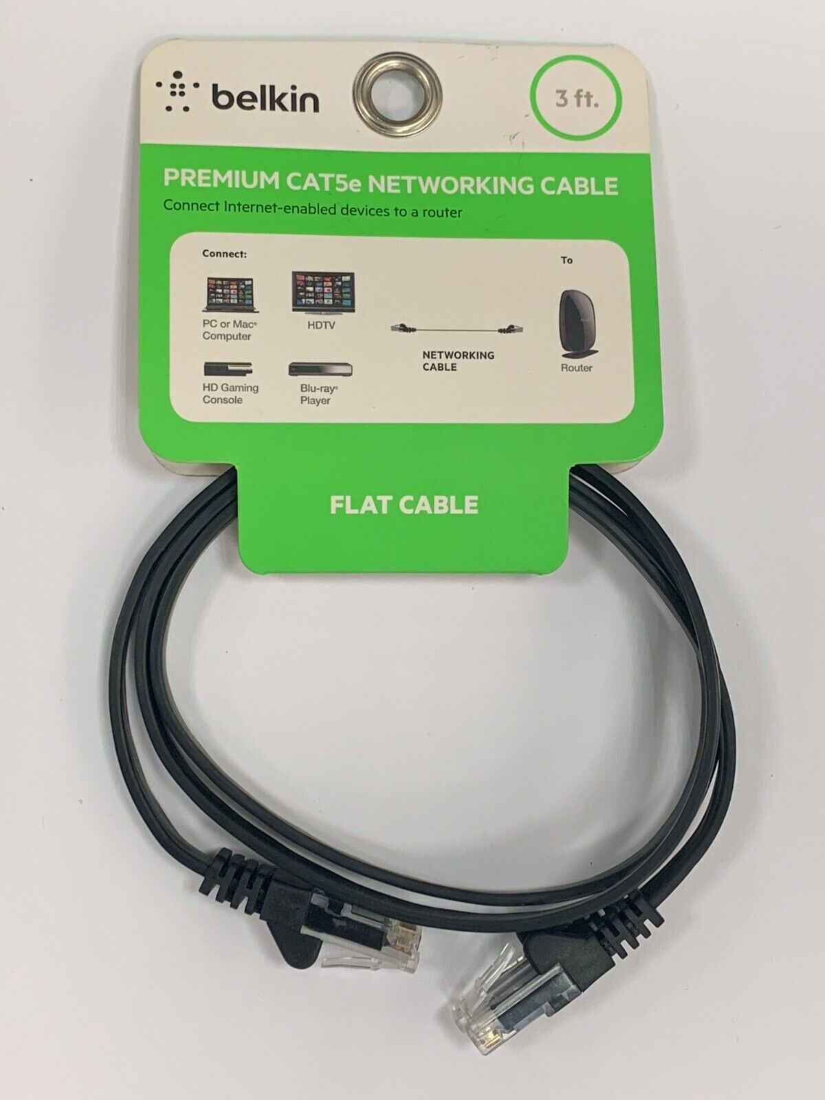 NEW Belkin Premium Flat Cat5e Ethernet Networking Cable, 3-Foot 3' Length, Black