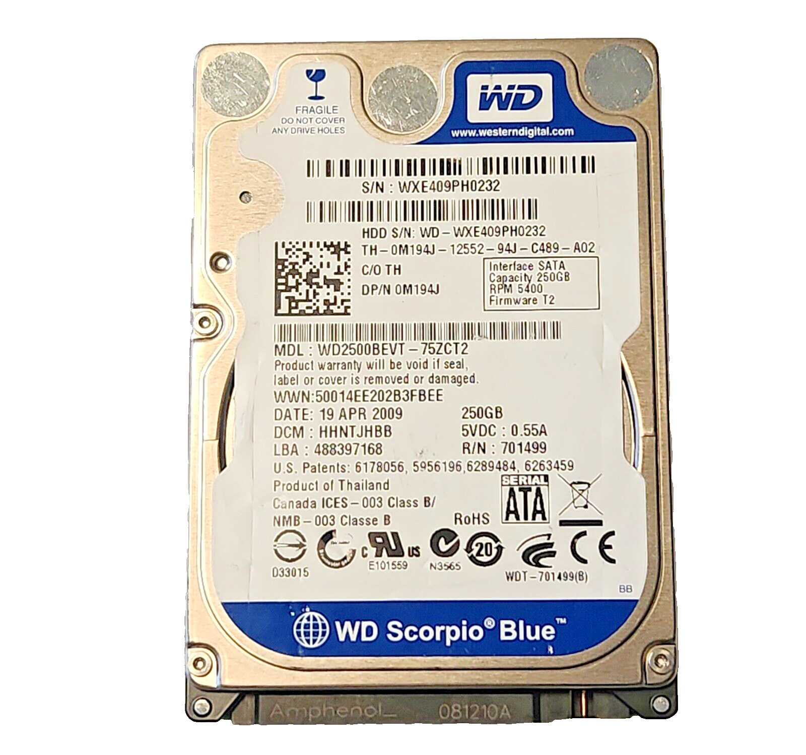 Western Digital Scorpio Blue HDD Hard Drive 250Gb 5400RPM T2 SATA WD2500BEVT 2.5