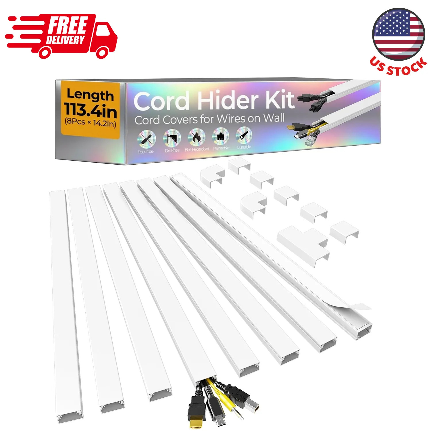 113in Cord Hider Kit Self Adhesive Cable Raceway Cover for Wall Mount TV White