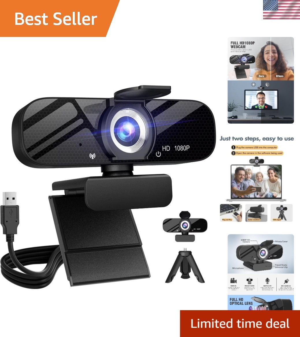 Privacy-Ready Full HD 1080P Webcam with Easy Setup, Tripod & Noise-Canceling Mic