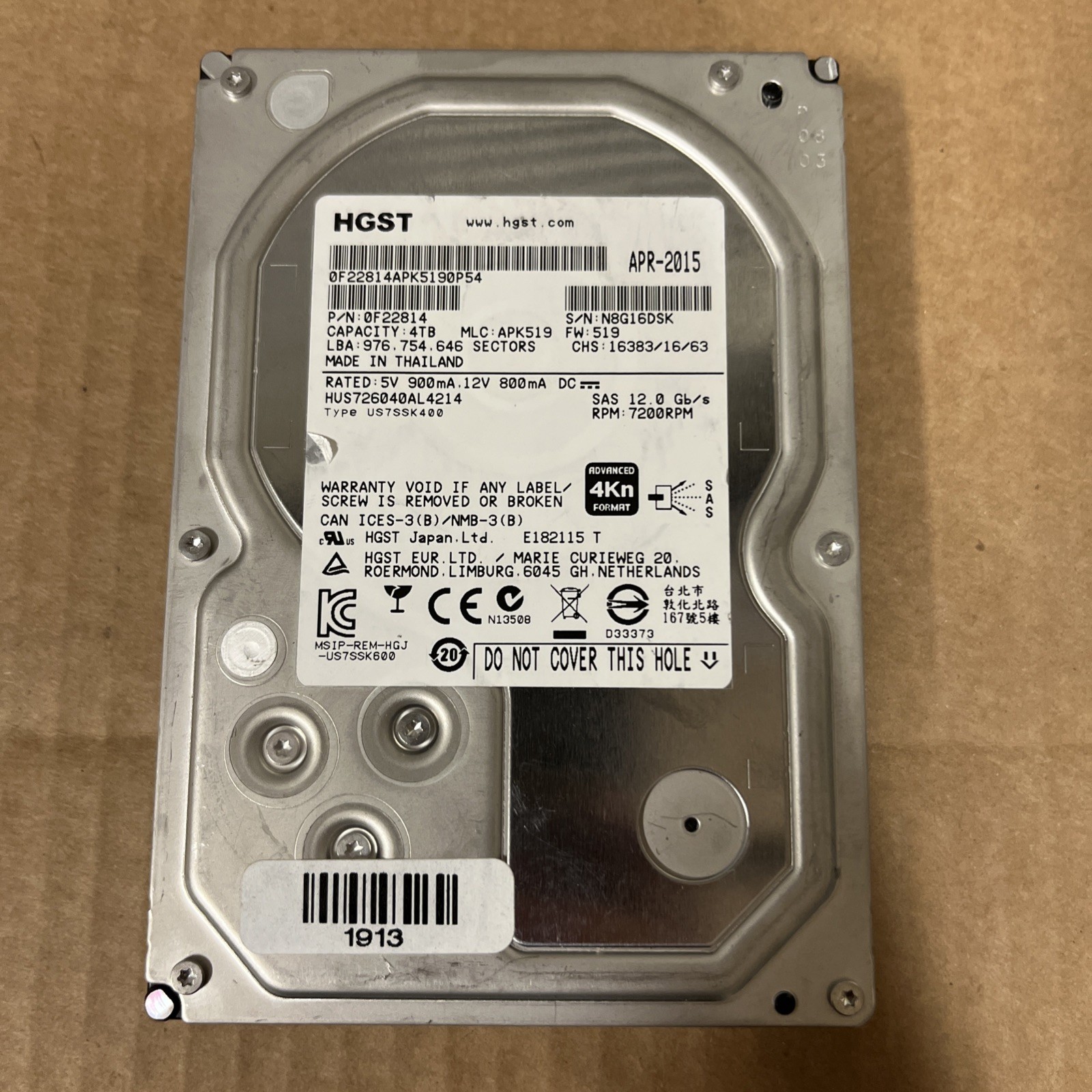 HGST HUS726040AL4214 4TB 3.5" 12Gb/s 7.2K RPM SAS Hard Drive P/N: 0F22814 Tested