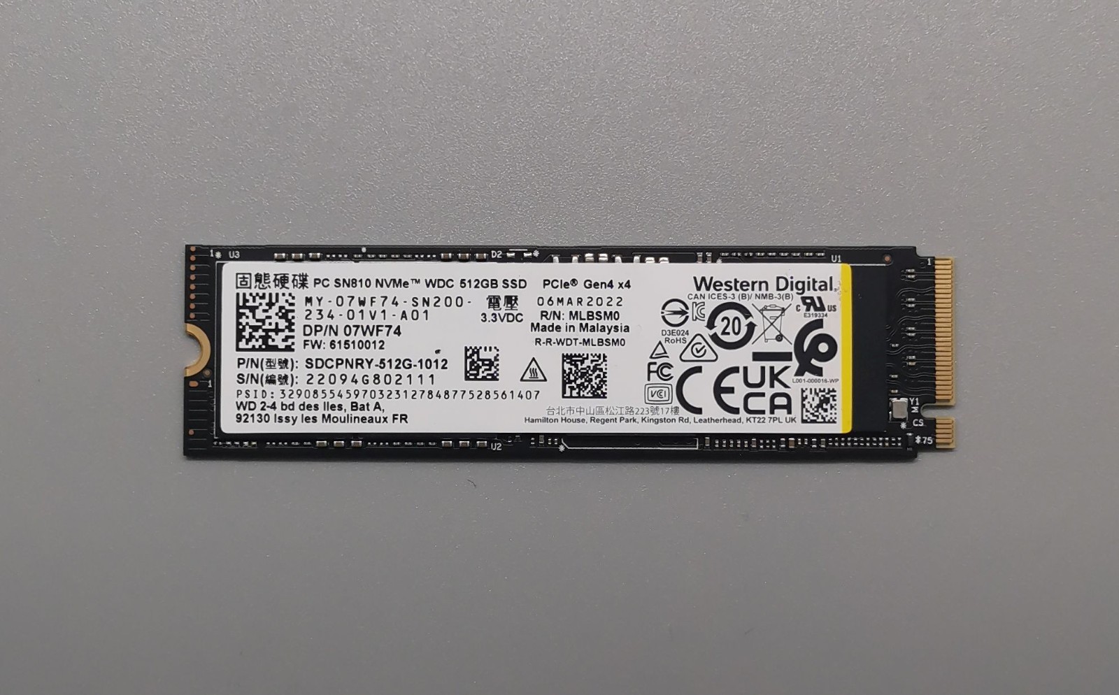 WD PC SN810 NVMe WDC 512GB Internal SSD Storage M.2