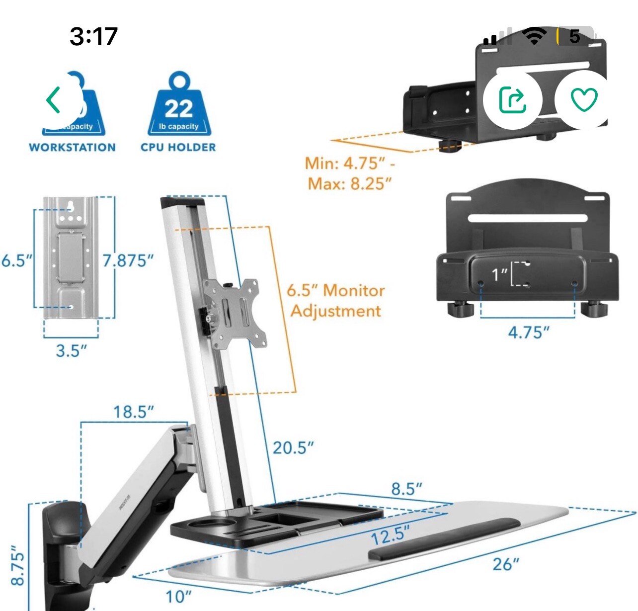 Mount-It MI-7905 Wall Mounted Sit-Stand Single Monitor Workstation