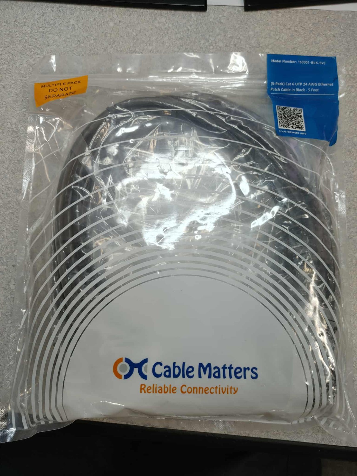 Cable Matters Cat 6 UTP 24 AWG Ethernet Patch Cable 5 Feet 160001 BLK 5x5