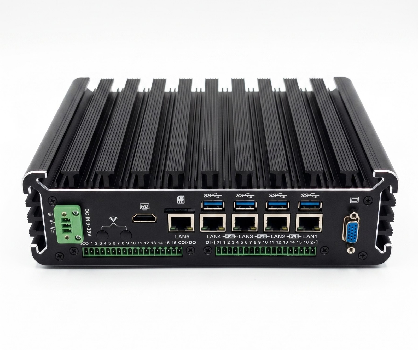 Fanless Industrial Mini PC, 5x LAN (4x PoE), 16DI / 16DO Digital I/O, SIM, 9-36V
