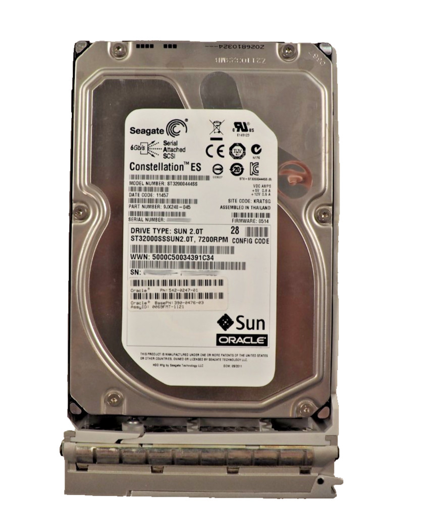 Sun 542-0247-01 Seagate Constellation ST32000SSSUN2.0T 2TB 7.2K SAS HDD w/caddy