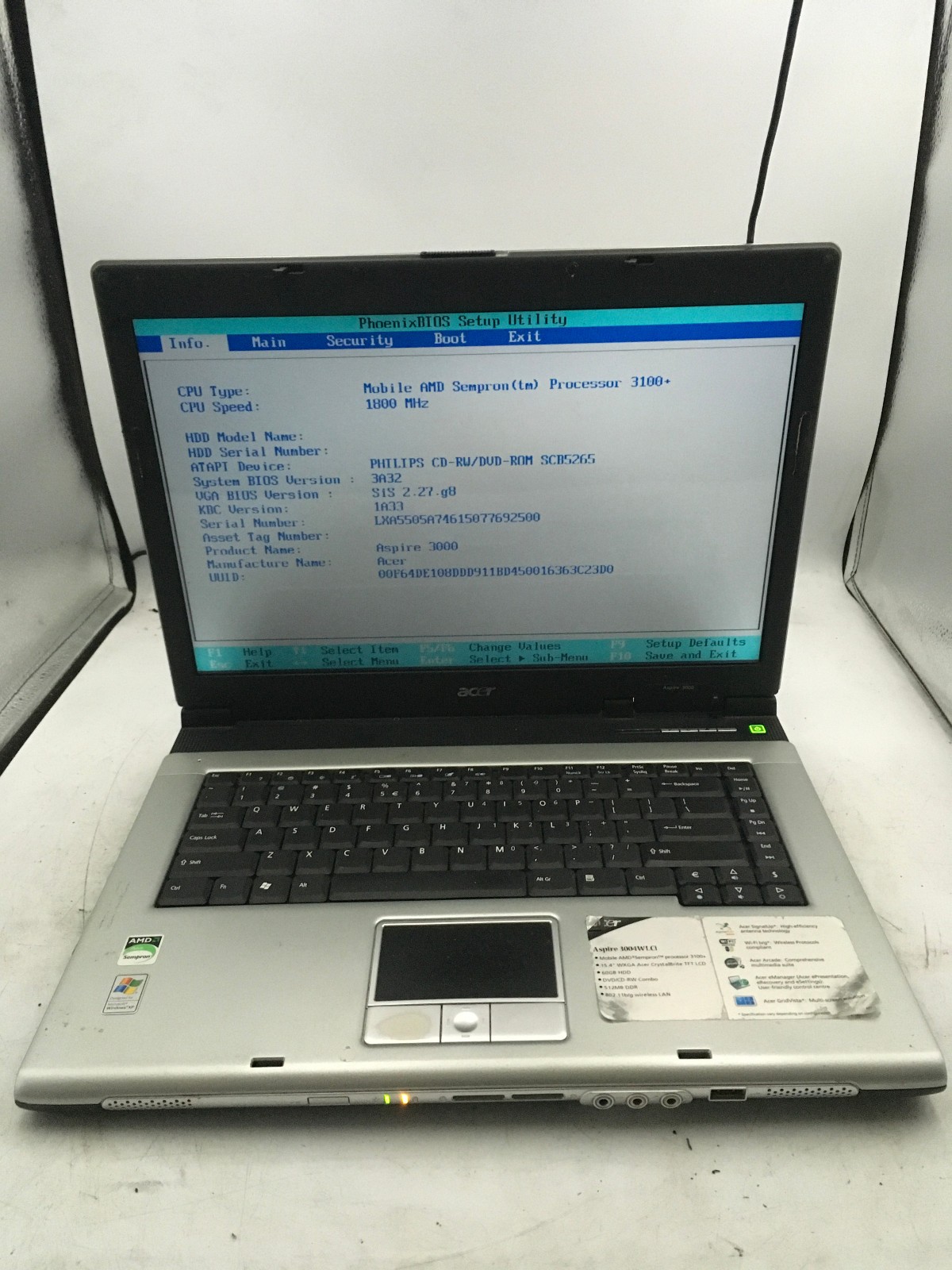 ACER ASPIRE 3000 ZL5 - BOOTS TO BIOS - AMD SEMPRON 3100 - 1GB RAM - READ DESC-BB