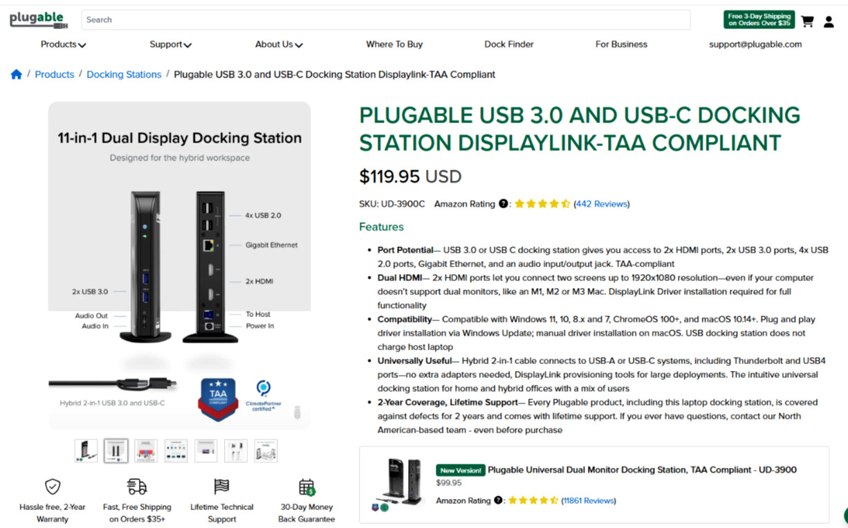 Plugable USB 3.0 & USB-C Dual HDMI Display Monitor Docking Station UD-3900C