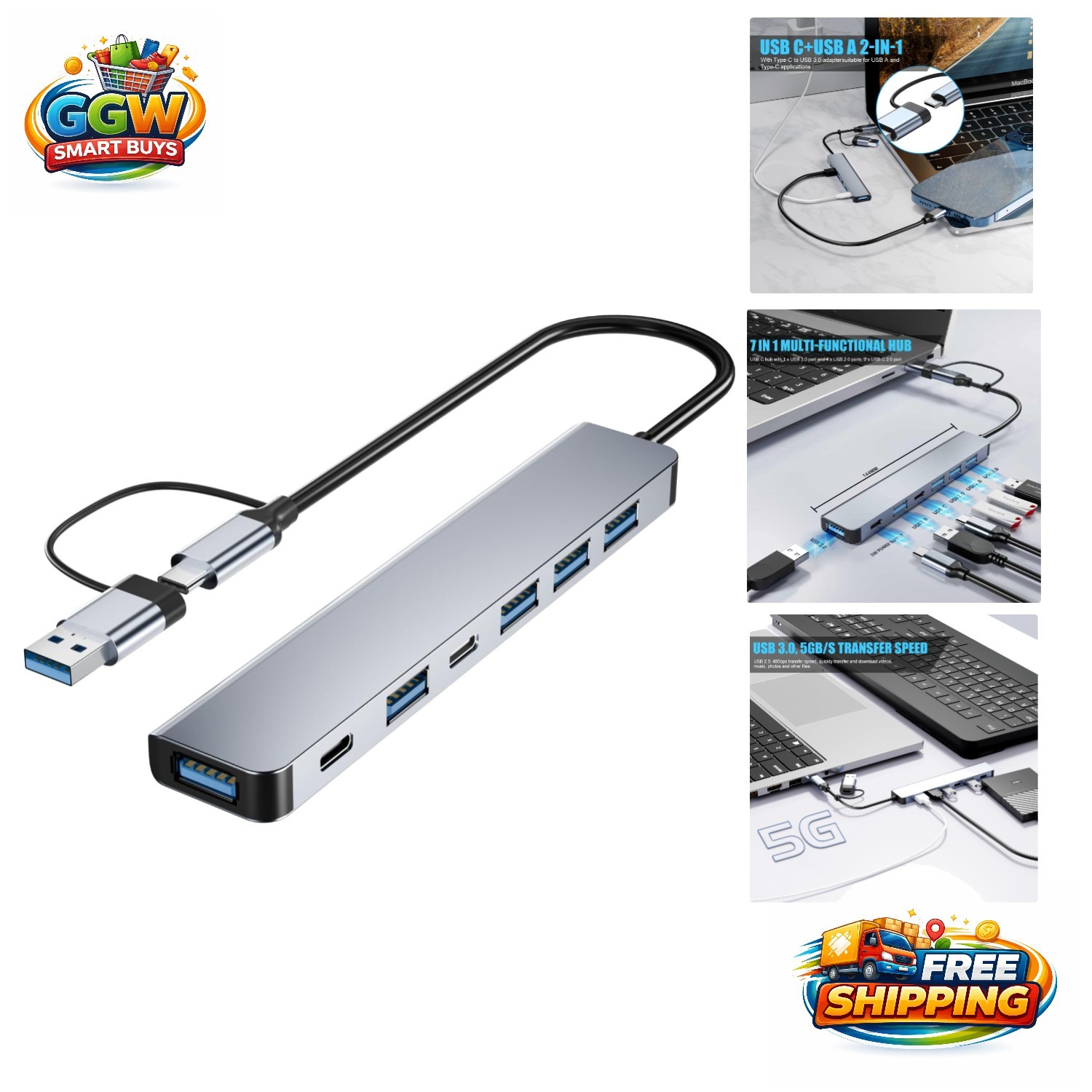 Compact Aluminum 7-in-1 USB Hub - Fast Data Transfer & Broad Compatibility
