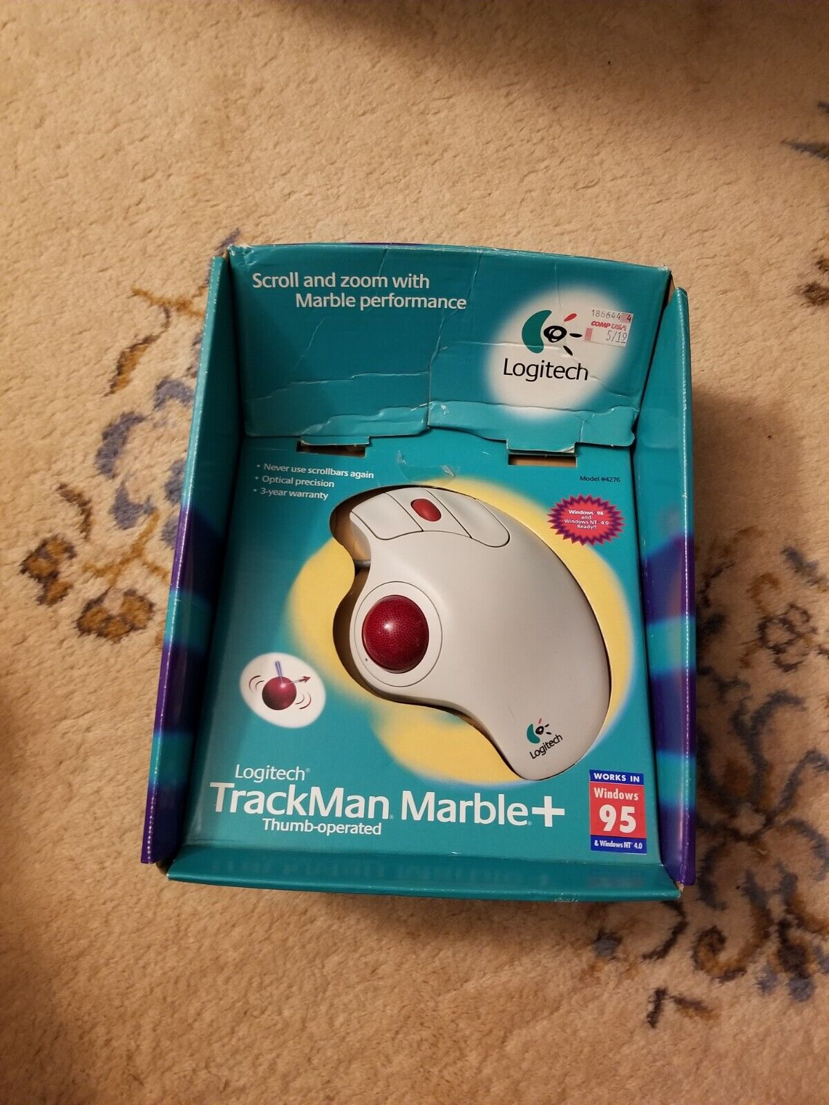 VTG Logitech TrackMan Marble+ Trackball Mouse W/ Box Manual Install Media 95 New