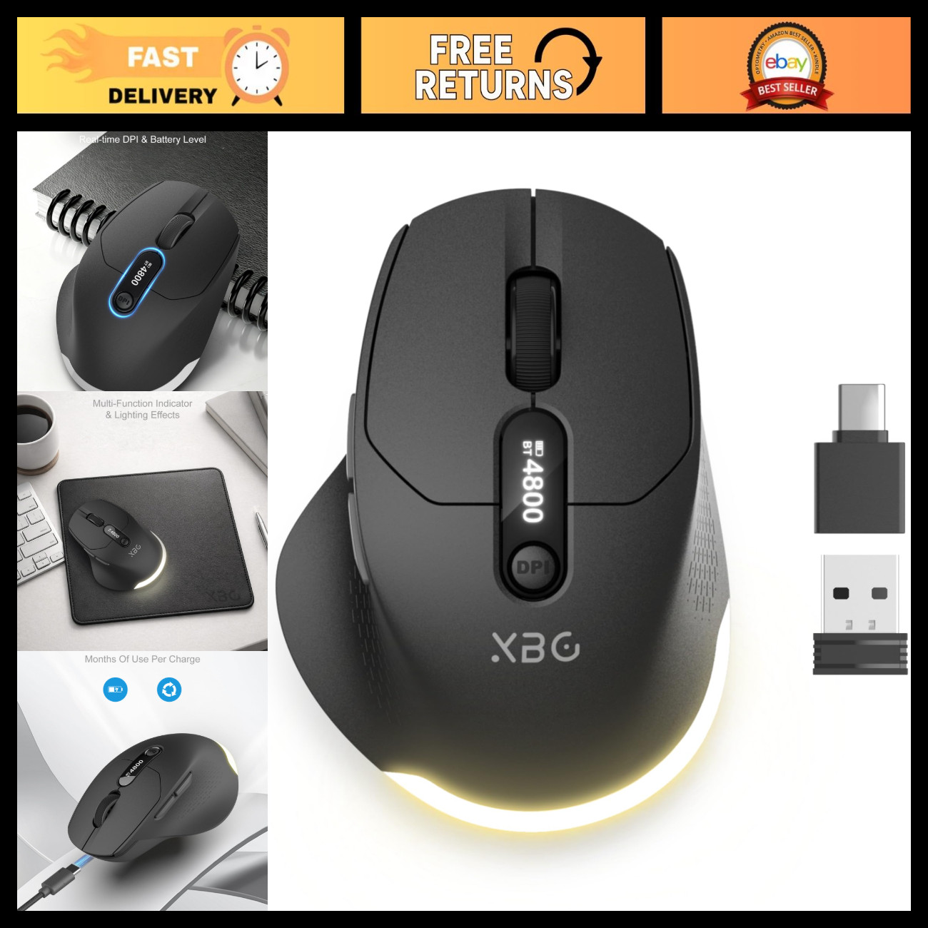 Tri-Mode Wireless Bluetooth Mouse with LED Display for Laptop & PC - Ergonomic D
