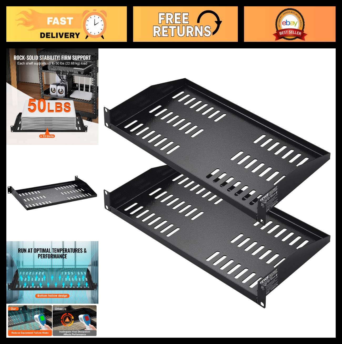 Universal Vented 1U Server Rack Shelf - 2PCS Cantilever Tray for 19" Racks, 50 l