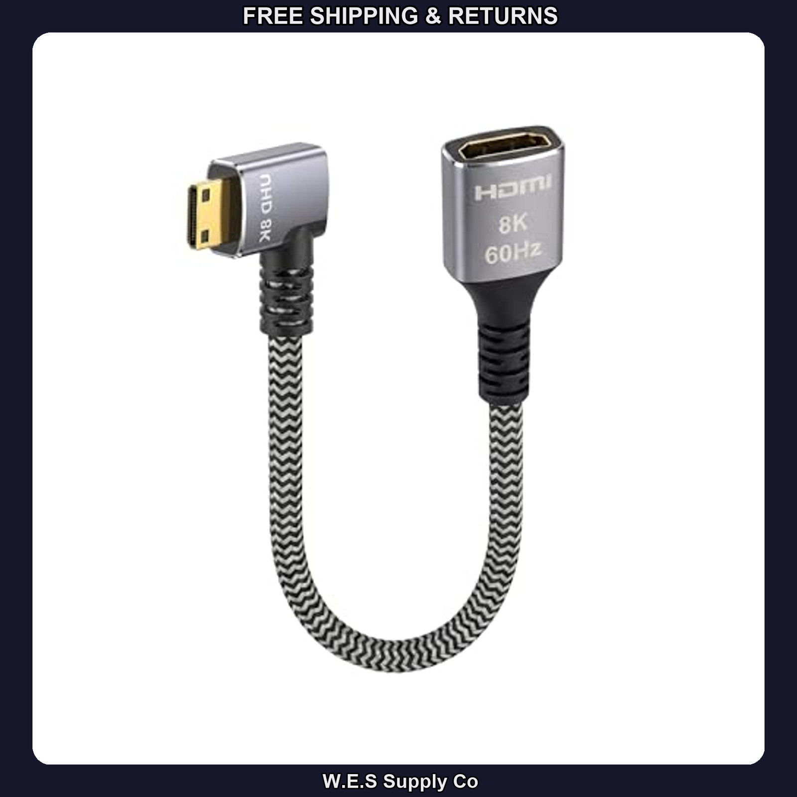 Mini HDMI to HDMI Adapter Cable, 2ft 90-Degree 8K Converter for DSLR & Pi Zero