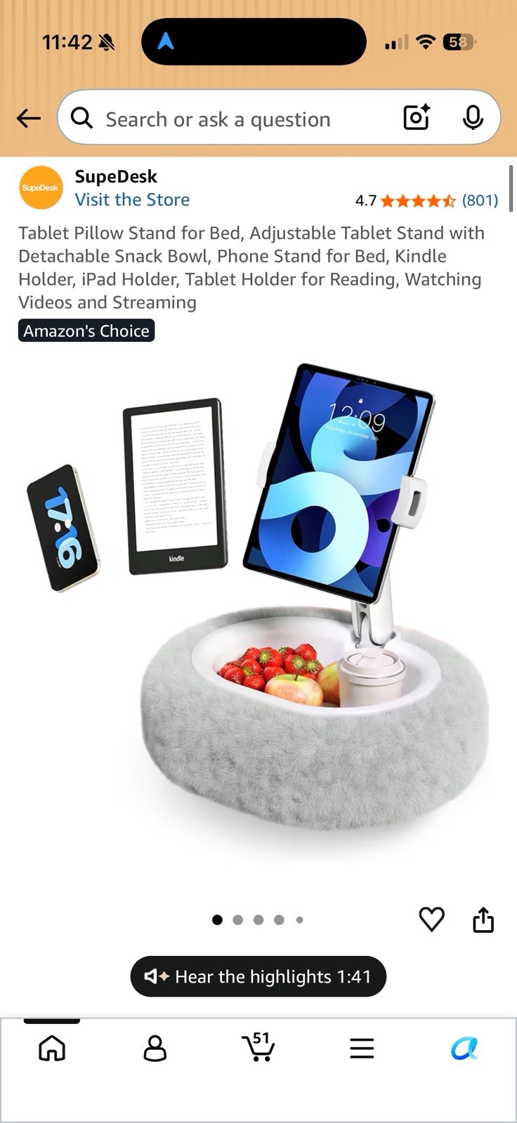 SupeDesk Tablet Pillow Stand Adjustable Detachable Universal Compatible Gray