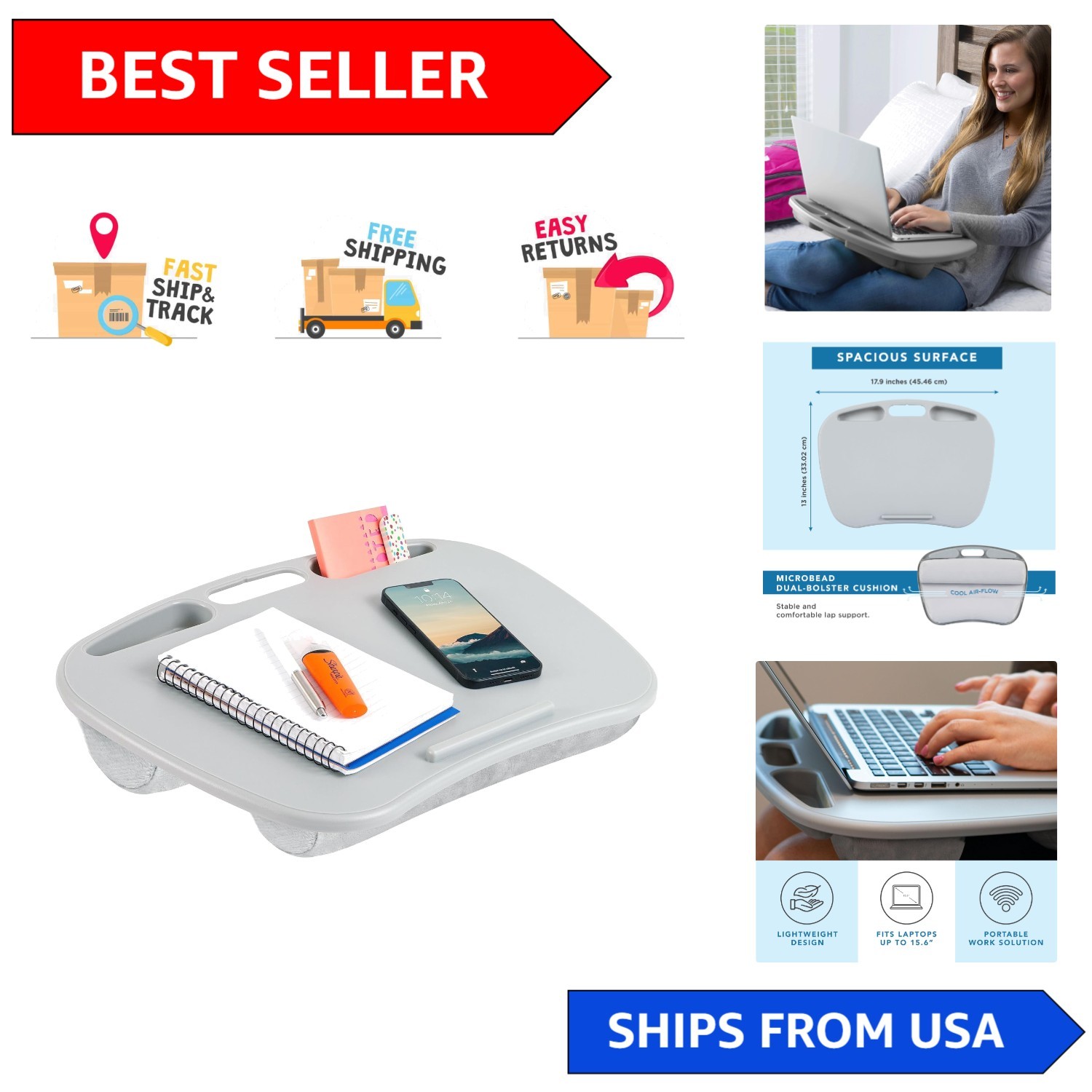 MyDesk Lightweight Lap Desk - Portable Solution for 15.6" Laptops in Cool Gray