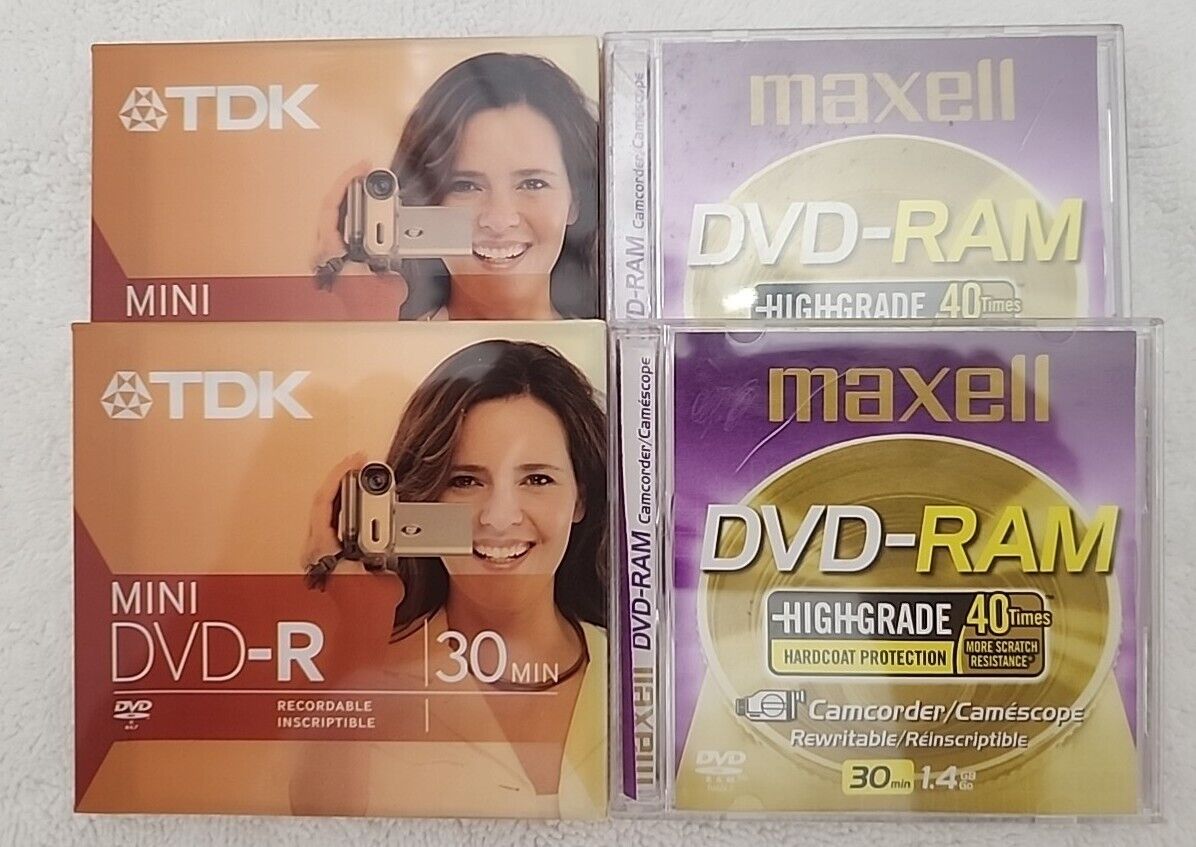 New Lot Of 4 30 Minute Discs-2 TDK Mini DVD-R  & 2 Maxell  (1 Open) DVD-Ram