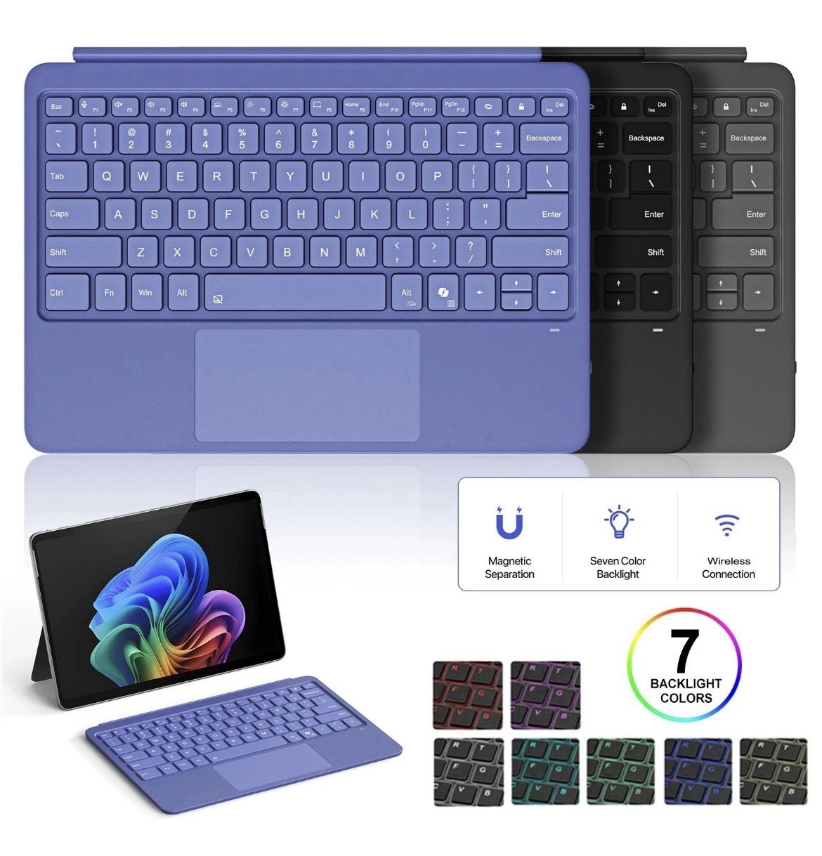 For Microsoft Surface Pro 12" 2025 Keyboard w/ Touchpad, 7-Color LED Backlit