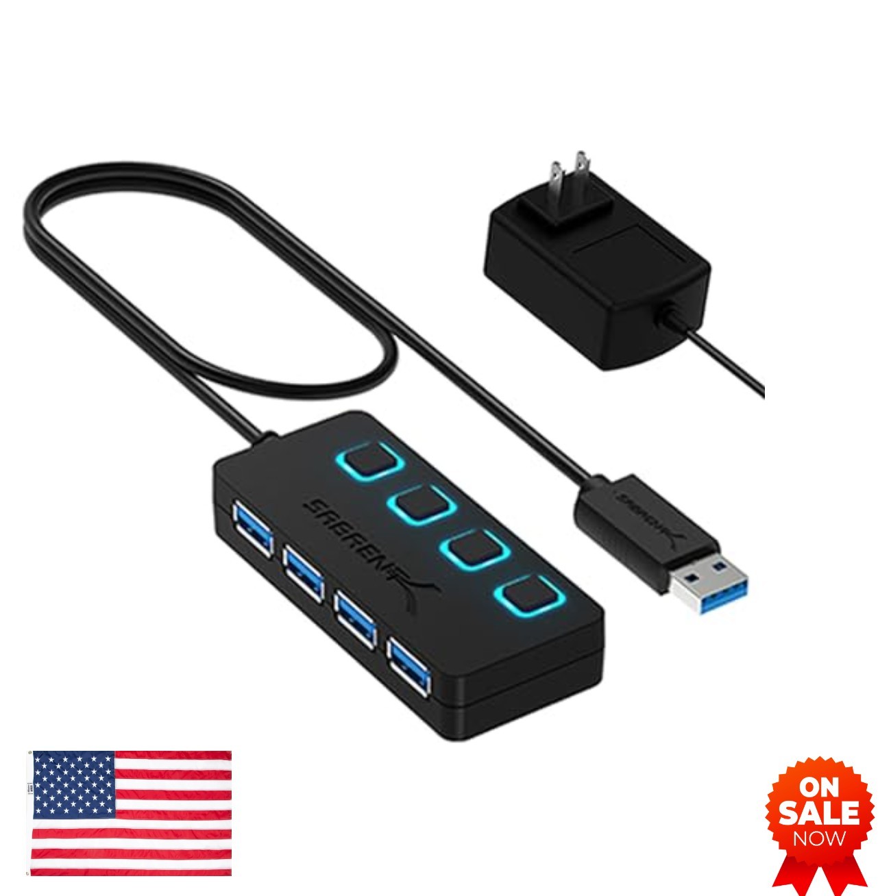 4 Port Powered USB 3.0 Hub 5Gbps 2.5A Adapter LED Power Switches for PC Mac