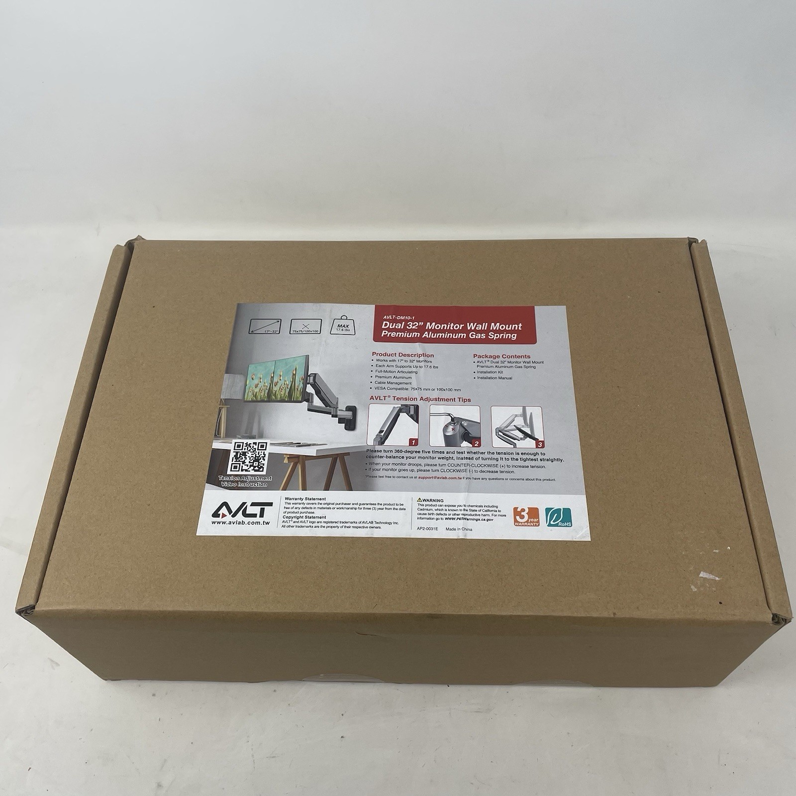 ALVT Dual Monitor Wall Mount Gas Spring Arm for Screen 17 to 32 inch AVLT-DM10-1