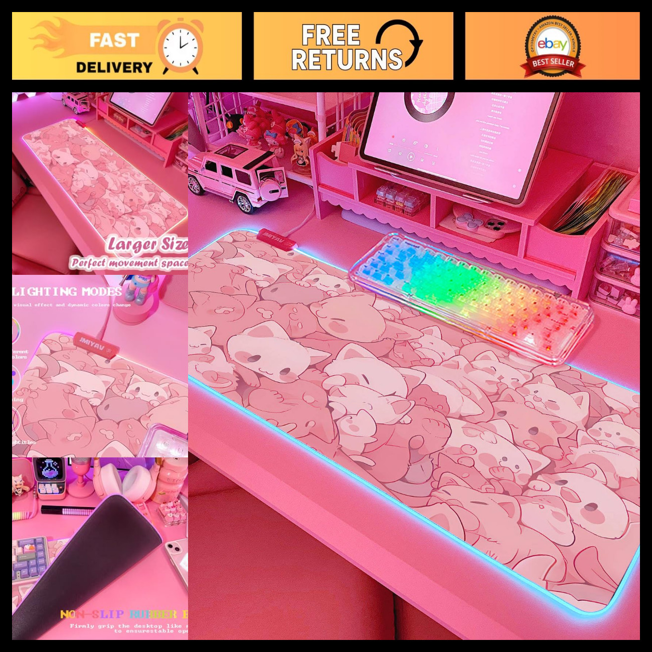 XL Pink RGB Gaming Mouse Pad 31.5x12 Inch LED Light Up Non-Slip Rubber Base Cute