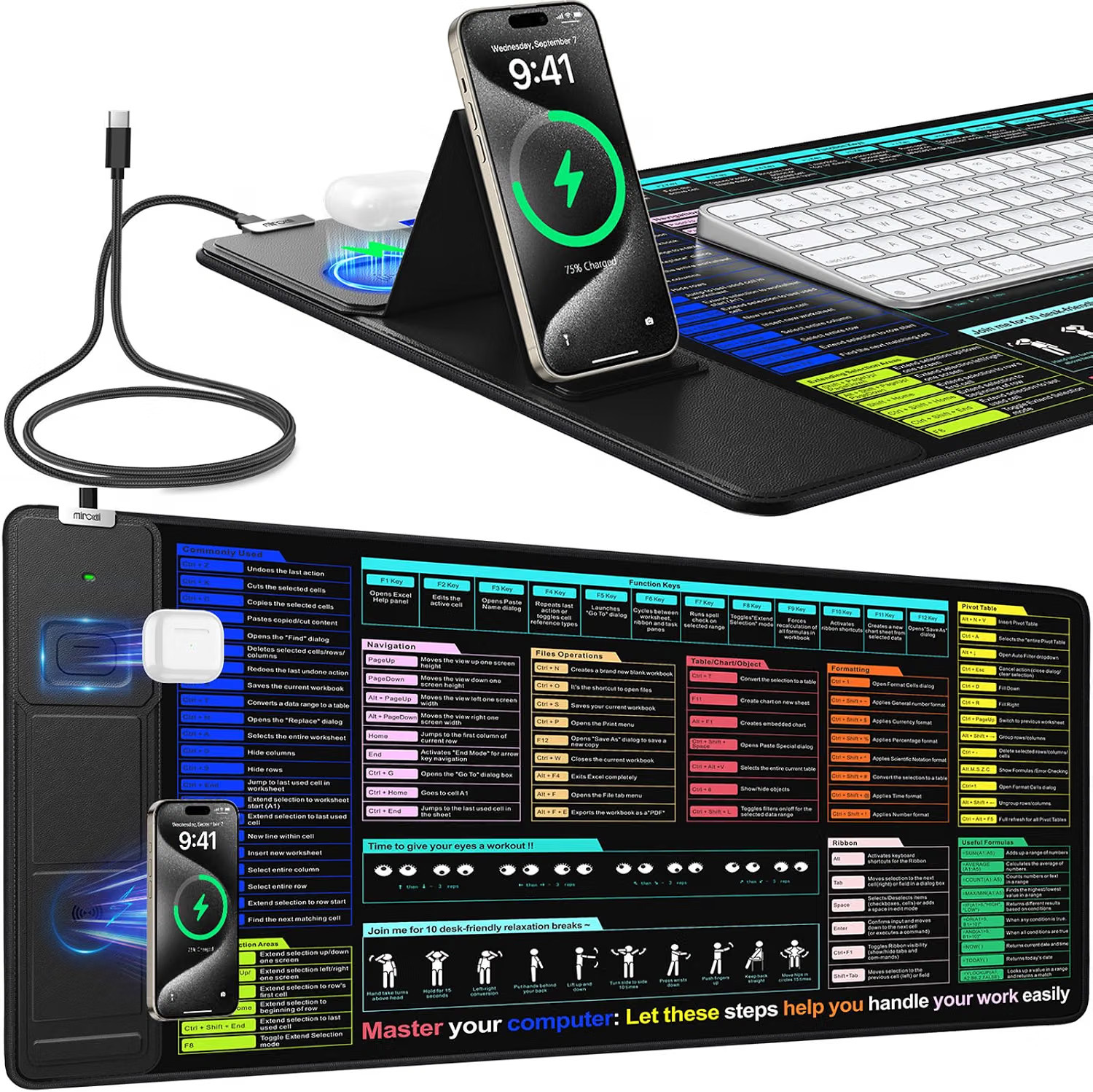 Mouse Pad with Foldable Phone Holder Wireless Charging Non-Slip 31.5x15.75 *NEW*