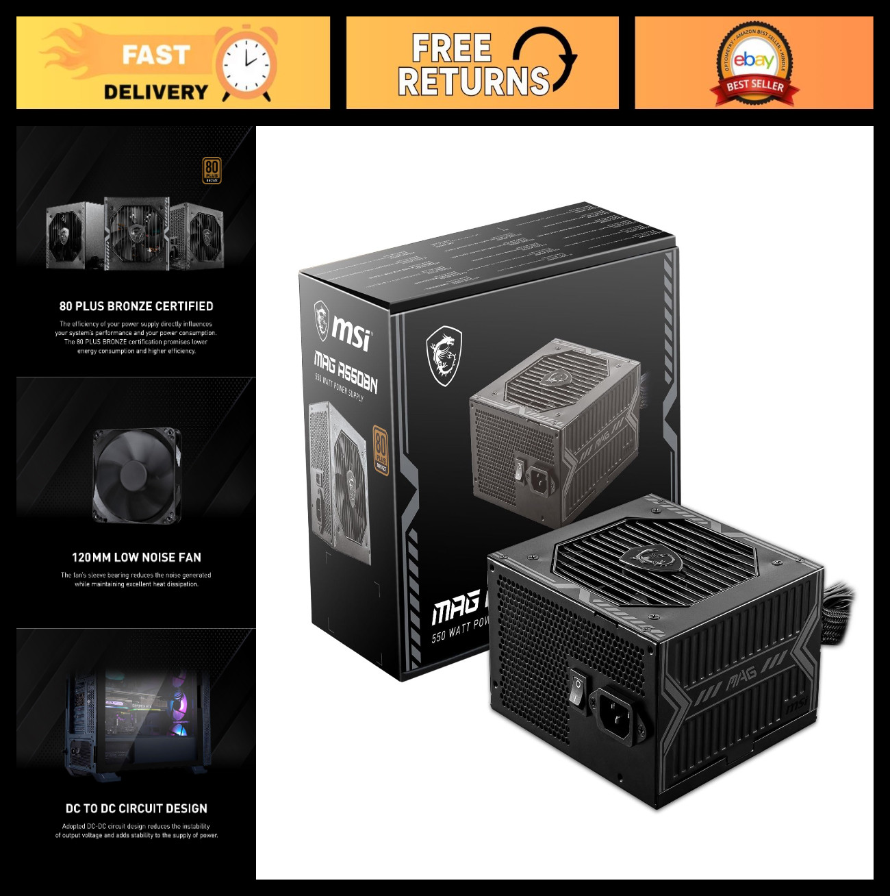 550W Compact Power Supply, 80+ Bronze Efficiency, Low-Noise Fan, Active PFC, 5 Y