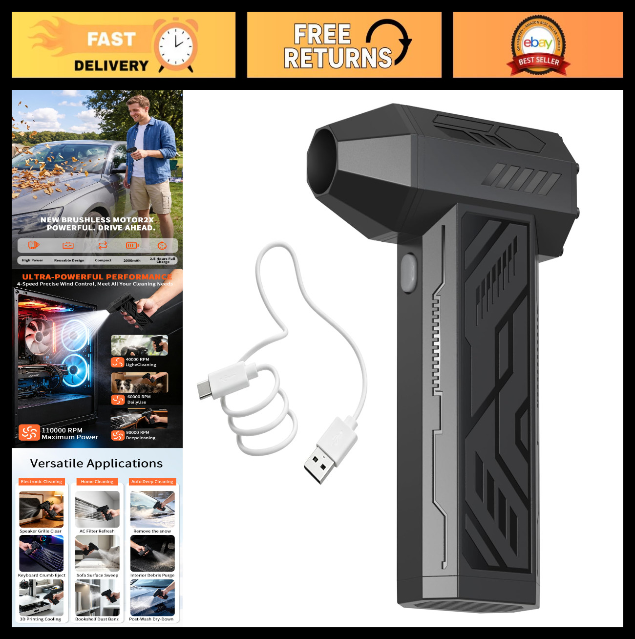 Cordless Compressed Air Duster 110000RPM - Rechargeable Brushless Blower for Ele