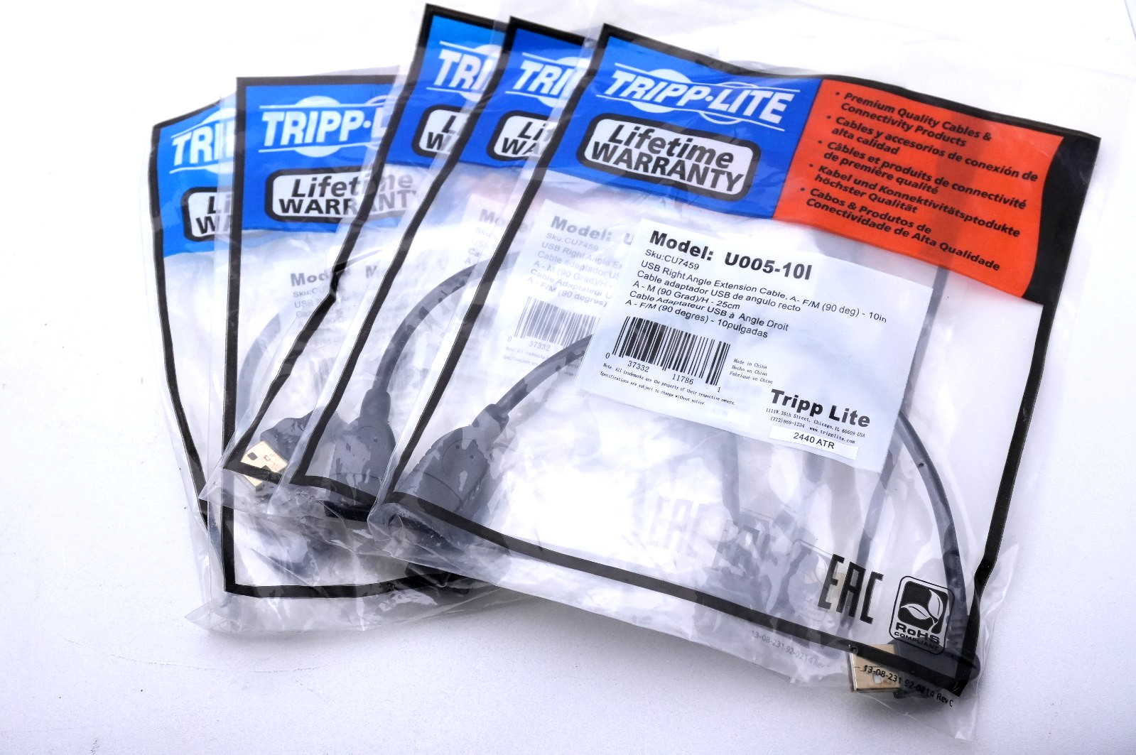Qty 5 Tripp Lite U005-10I 10-inch USB-A Left-Angle Male to USB-A Female cables