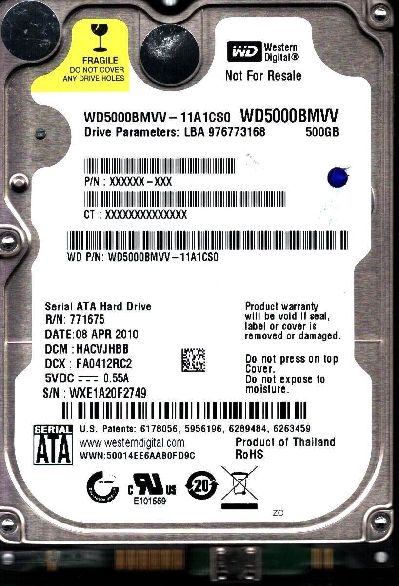 WD5000BMVV-11A1CS0 S/N:WXE DCM: HACVJHBB WESTERN DIGITAL 500GB THAILAND APR 2010