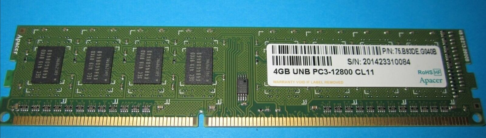 Apacer 4GB 75.B93DE.G040B UNB PC3-12800 CL11 DDR3 Desktop Memory
