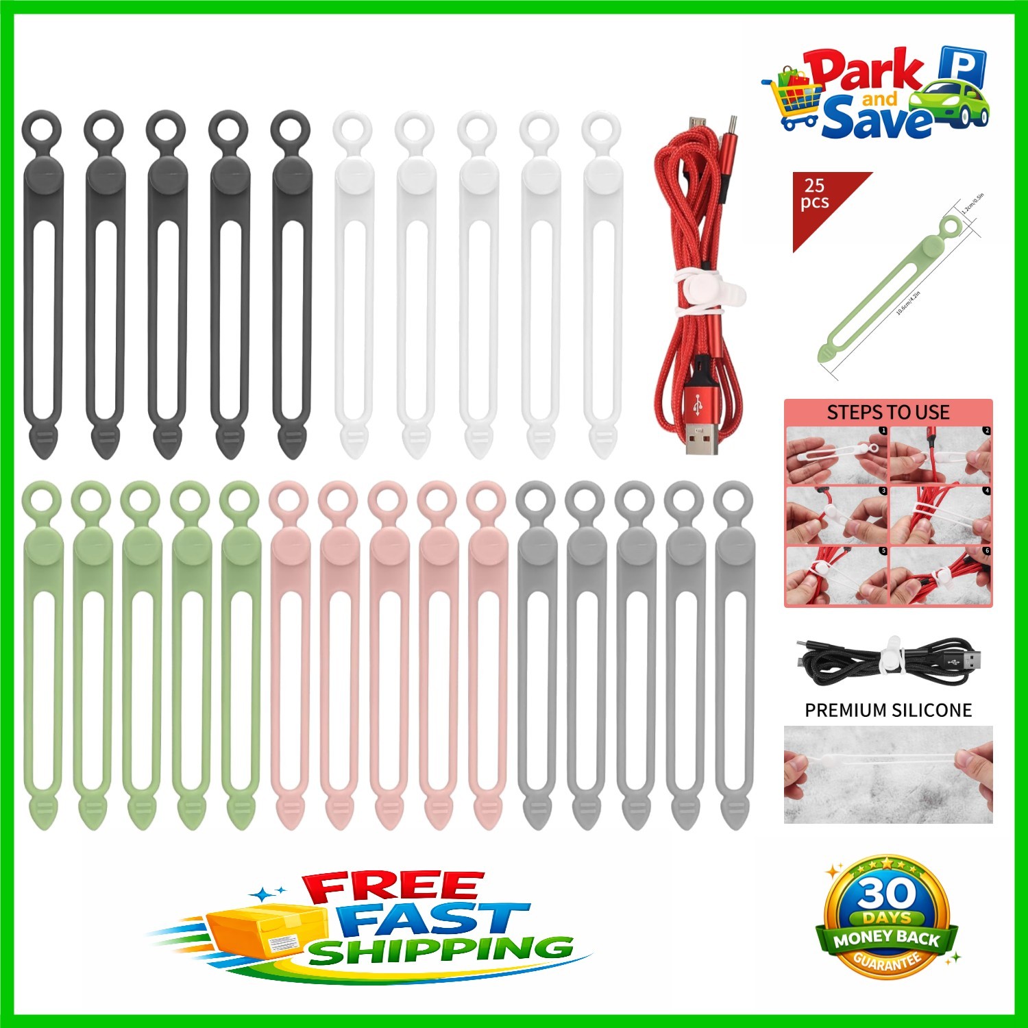 Versatile 25 Pcs Silicone Cable Ties - Organize Cords, Wires, & More in 5 Colors