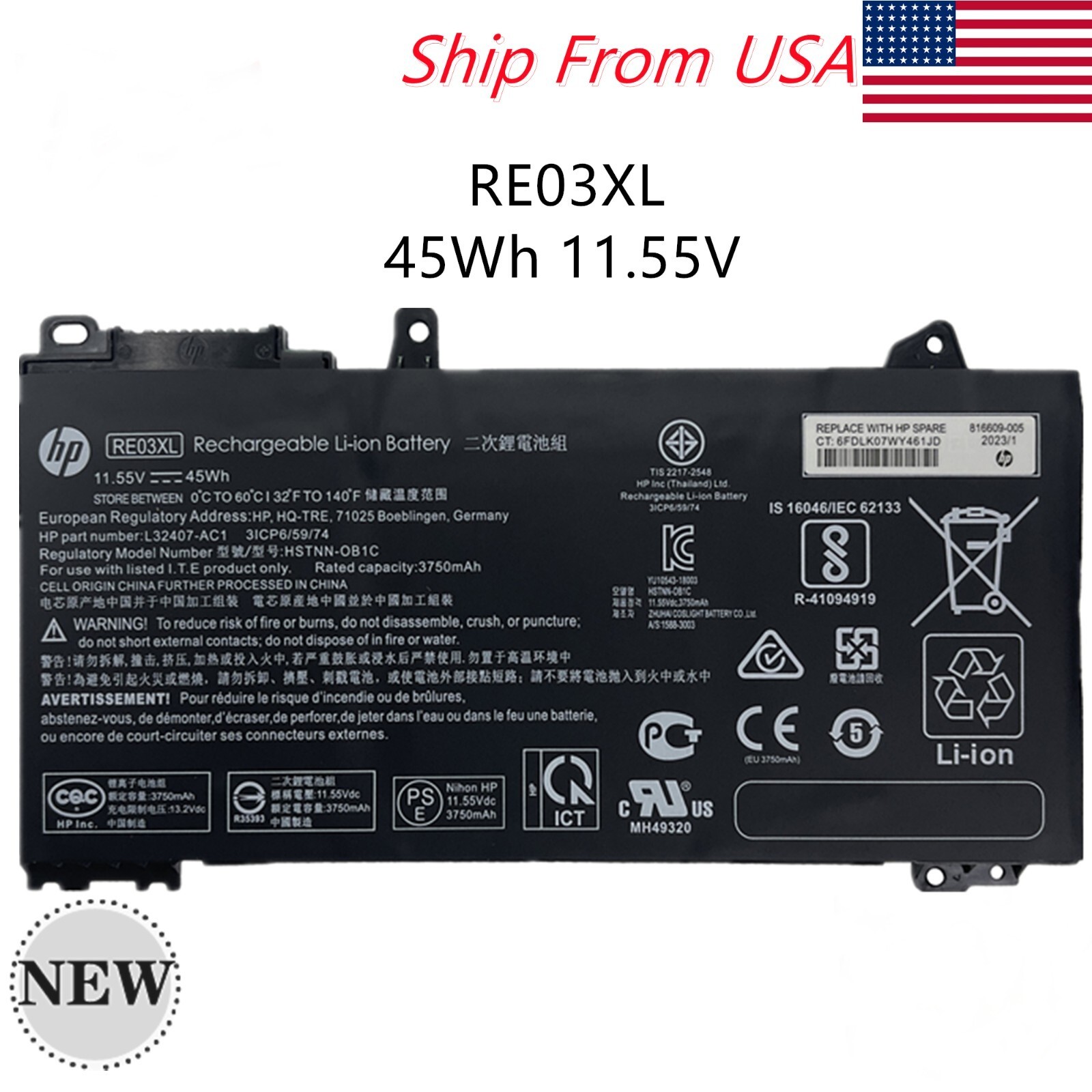 Genuine 45Wh RE03XL Battery For HP ProBook 430 440 445 450 455R G6 HSTNN-OB1C