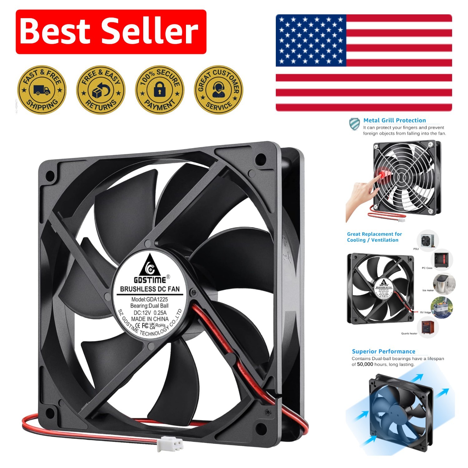 Efficient 12V DC Cooling Fan 120mm x 25mm - Dual Bearings with Metal Guards