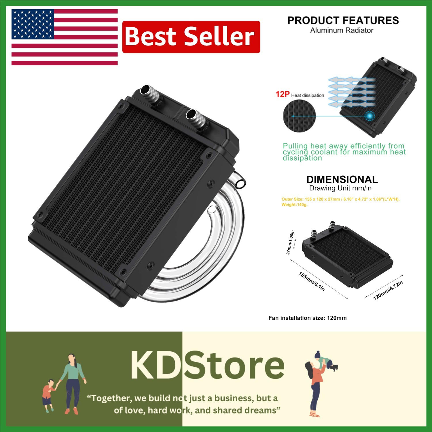 Compact Aluminum Water Cooling Radiator - 155x120x27mm for PCs & Industrial Use