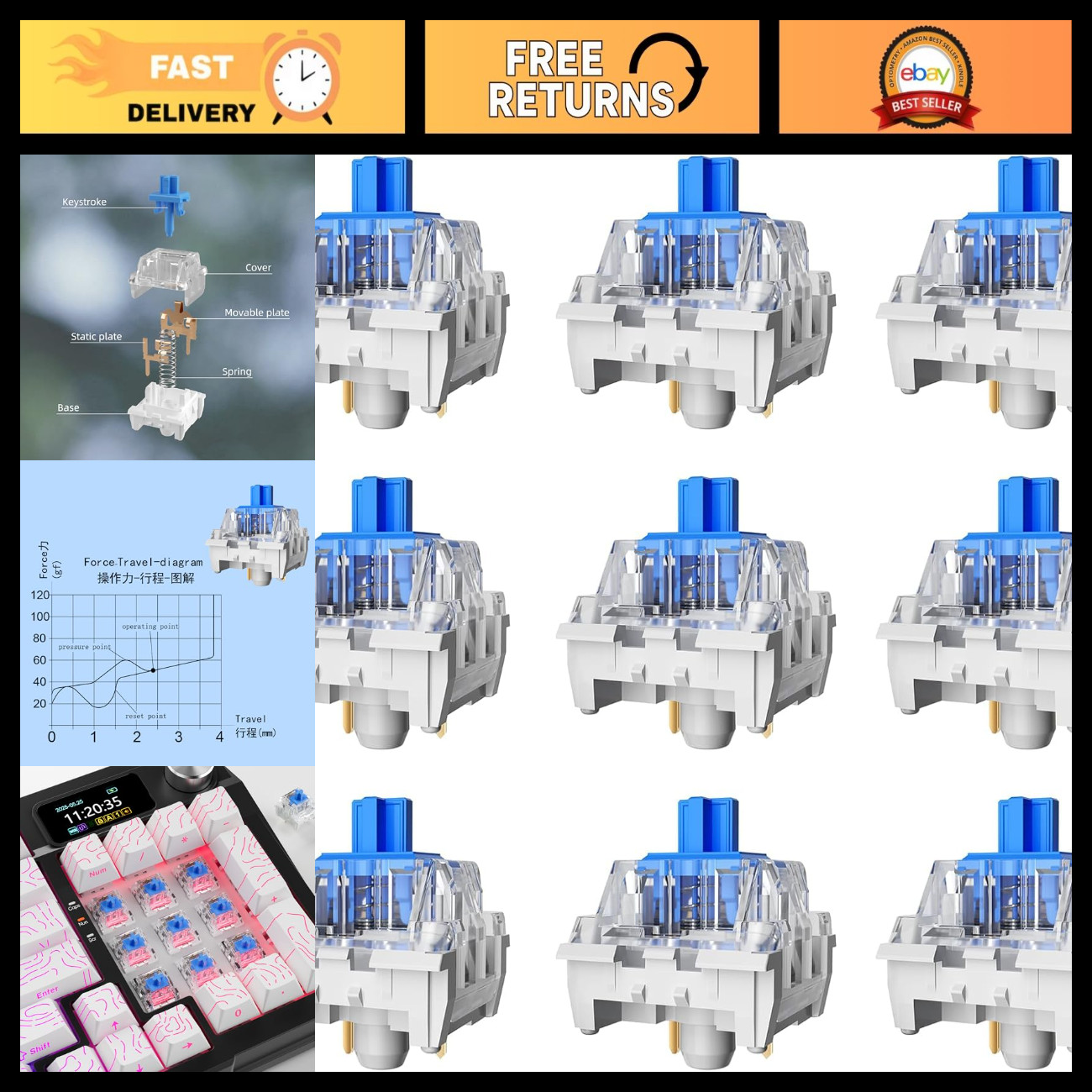108PCS Blue Mechanical Keyboard Switches - 3 Pin Dustproof Clicky Switches for G