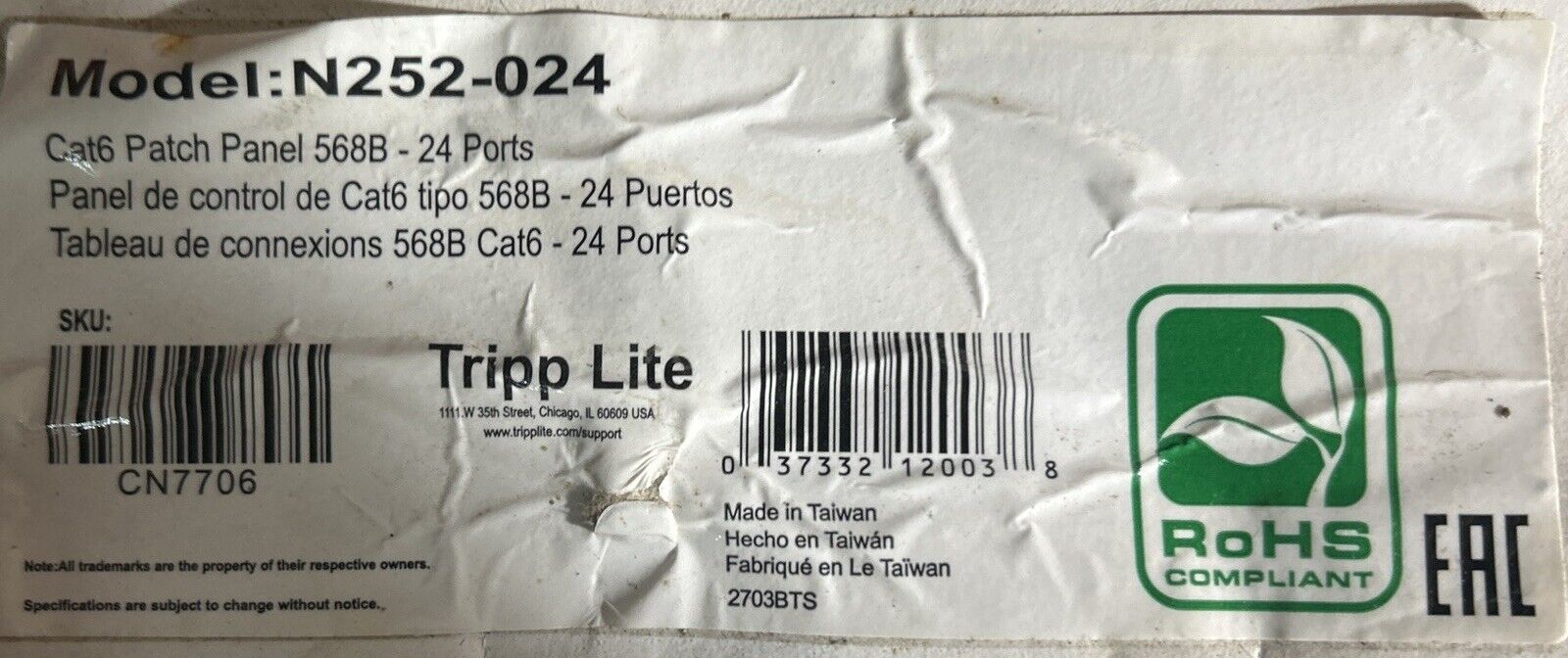 Tripp Lite 24-Port Cat6 Cat5 Patch Panel Feed Through 568A-B RJ45 1URM BRAND NEW